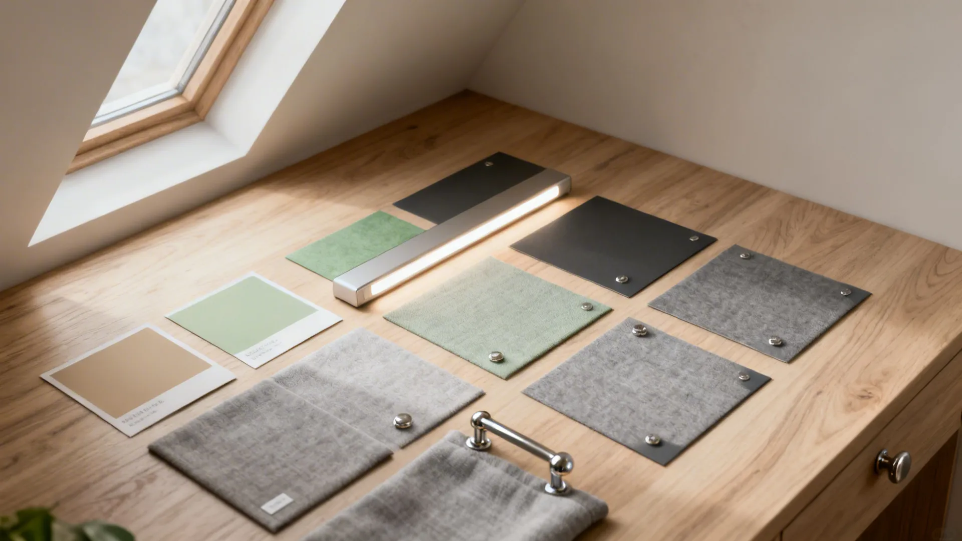 Material flat lay with pale oak, greige paint, soft fabric, and LED diffuser for a calm interior.