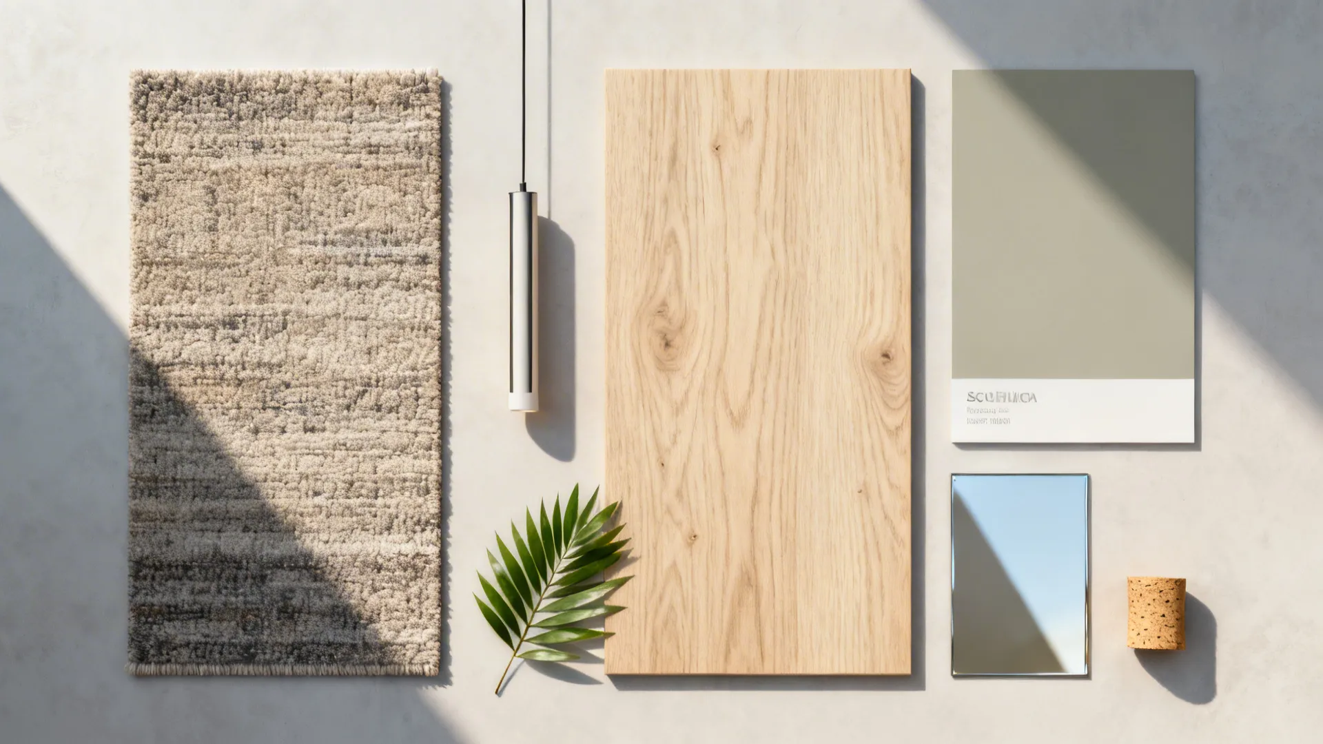 Flat lay of materials and motifs: rug, linear light, oak, paint, plant leaf, mirror, and cork.