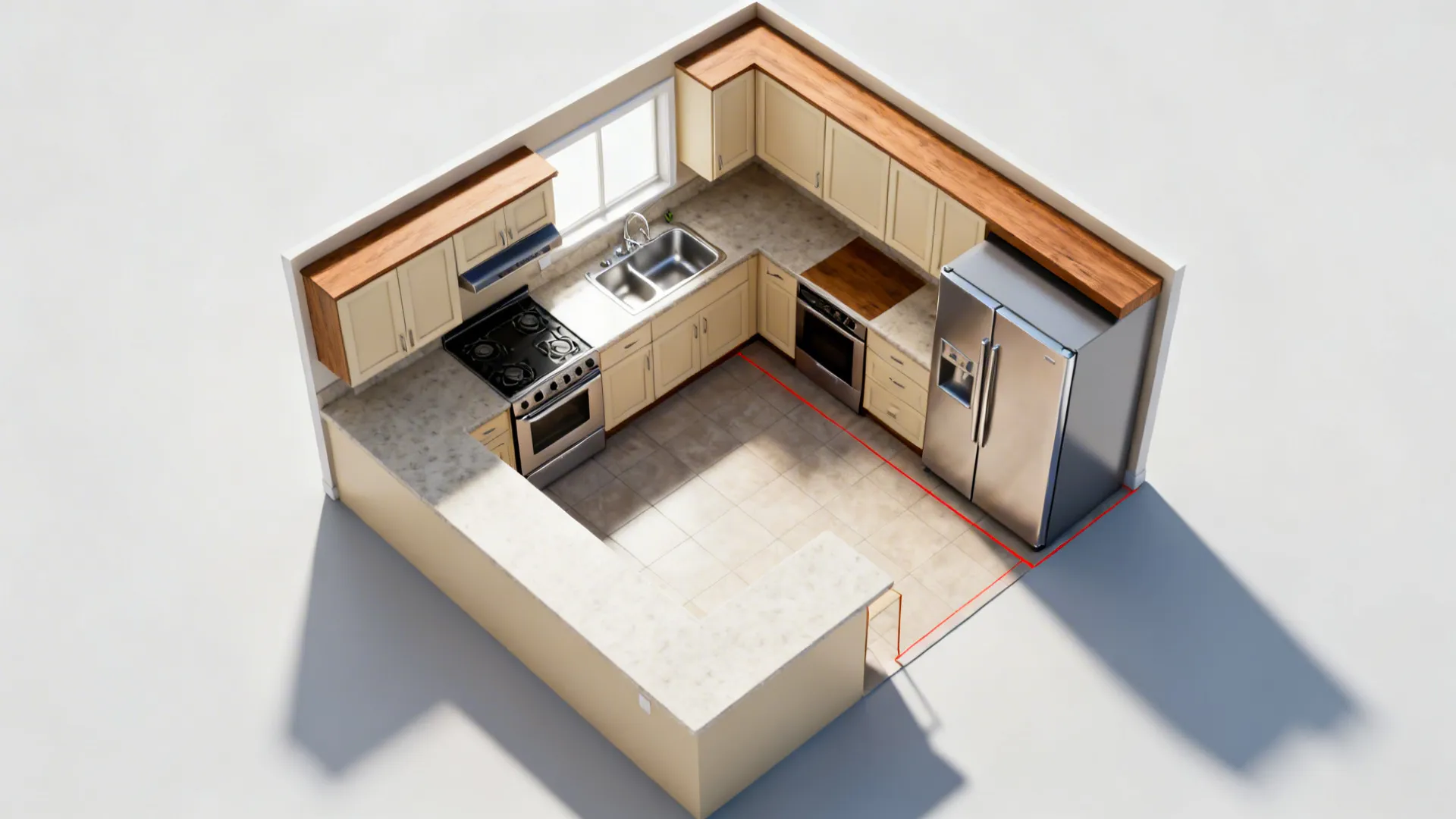 Top-down view of a compact kitchen plan with a southeast stove and clear work triangle.