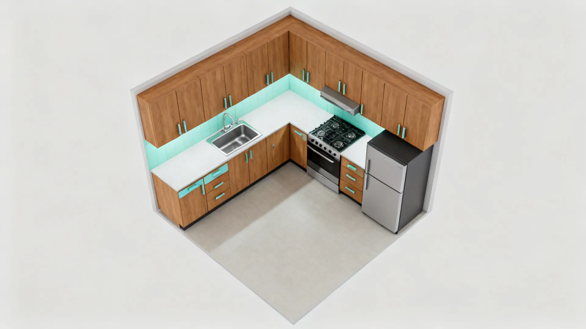Top-down galley layout showing sink–stove buffer and efficient work triangle.