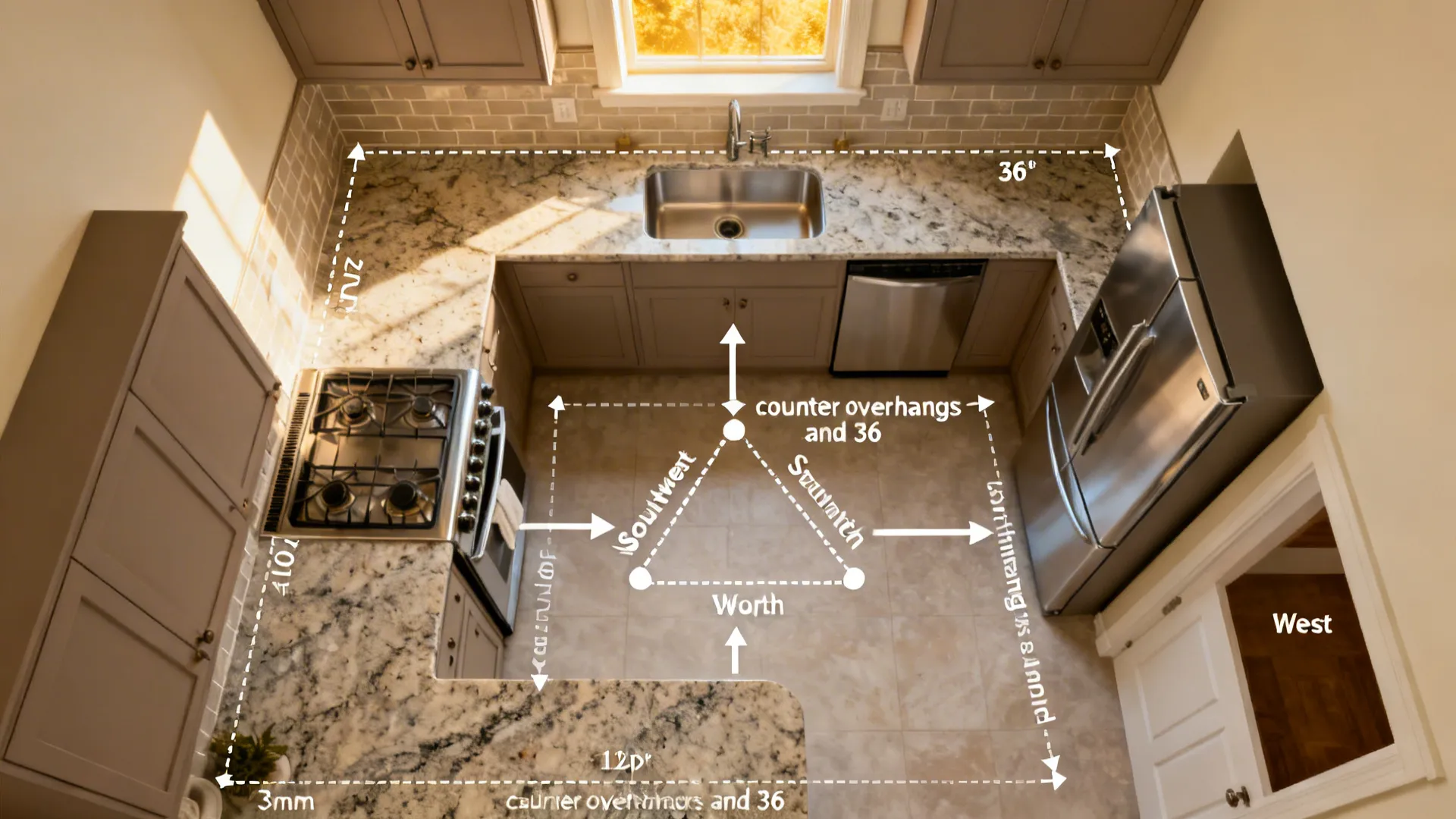 Top-down plan showing the cooktop, sink, and refrigerator forming a compact work triangle in a West-facing kitchen.