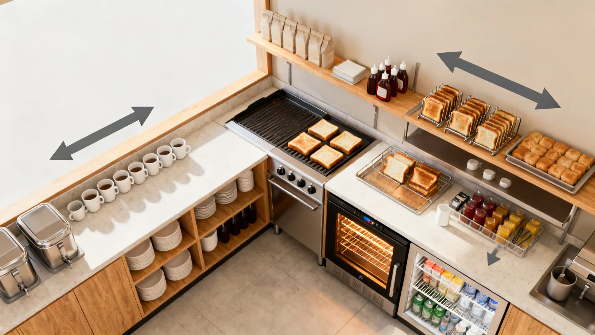 Top-down view of a breakfast kitchen layout with toast, coffee mugs, grill, and storage shelves