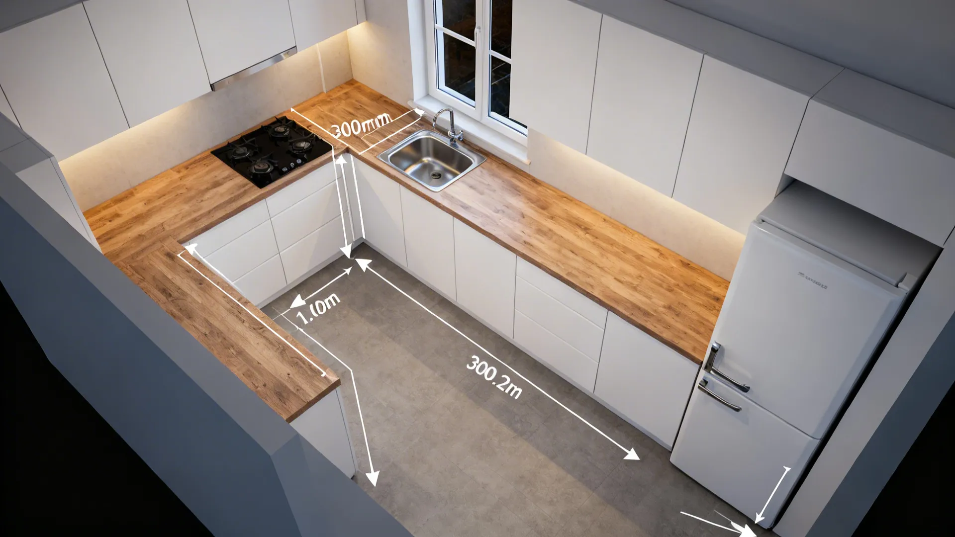 Top-down view showing sink, hob, and fridge forming an efficient work triangle with ample prep space.