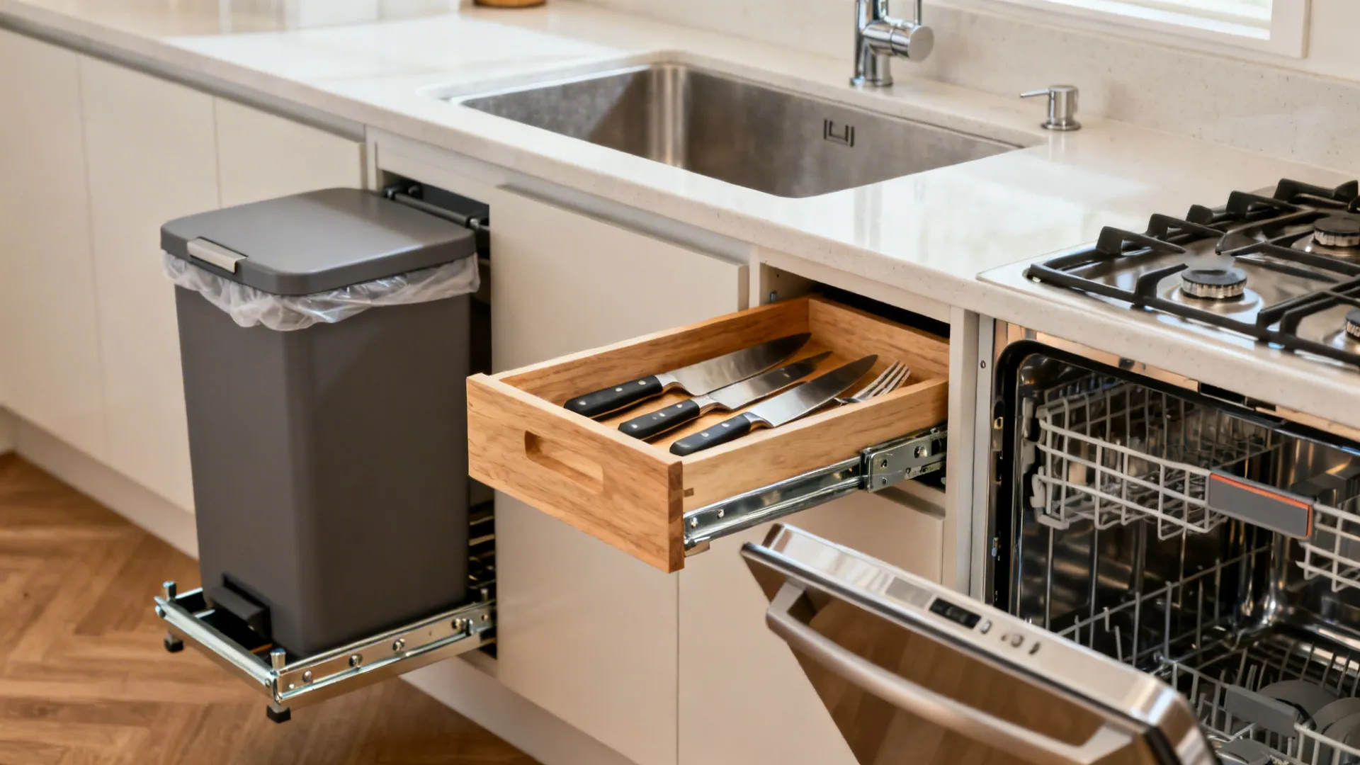 Kitchen cabinets showing pull out trash bin wooden knife drawer and open dishwasher in room
