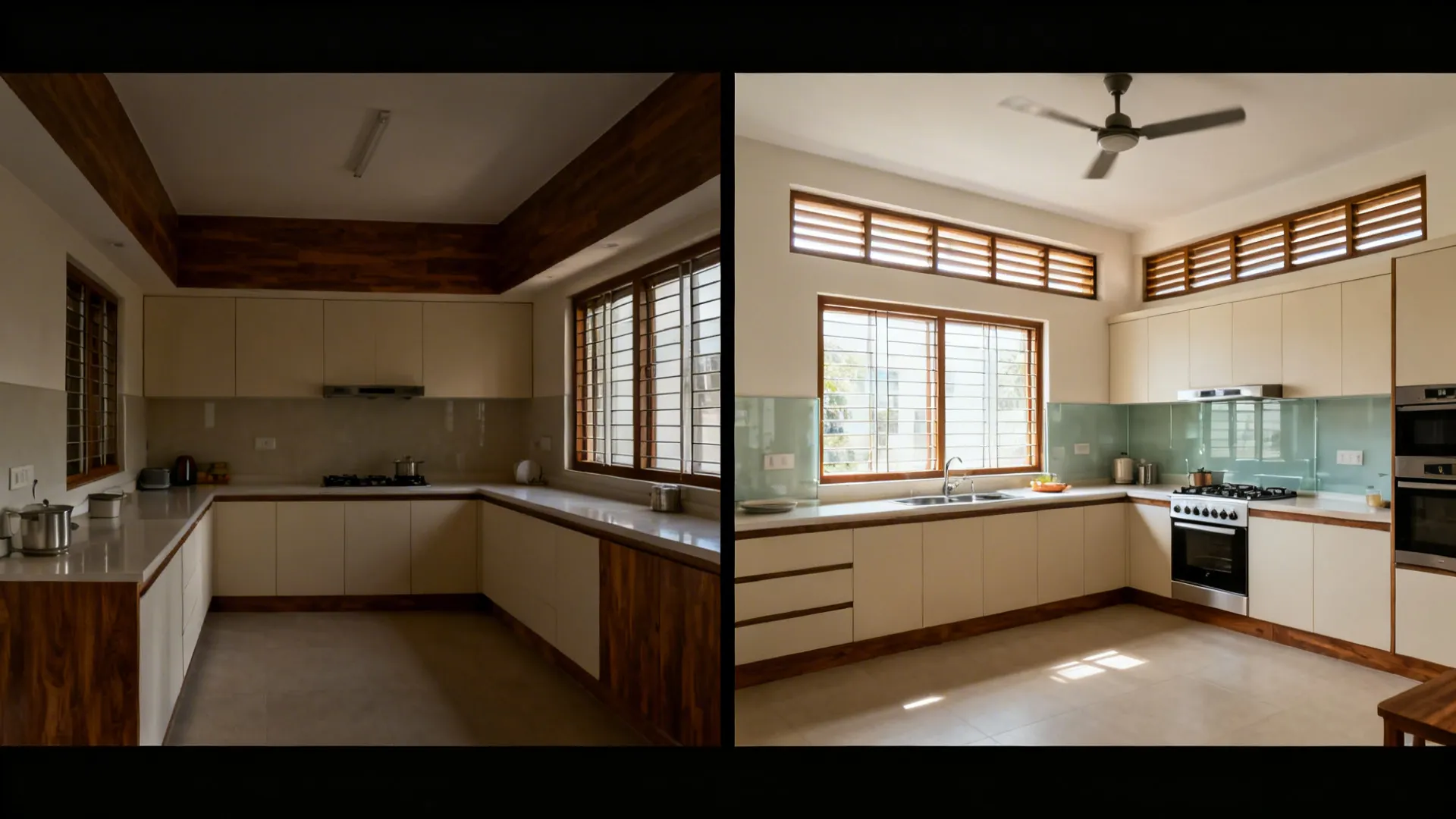 Before-and-after of a Sri Lankan kitchen showing improved ventilation and layout.