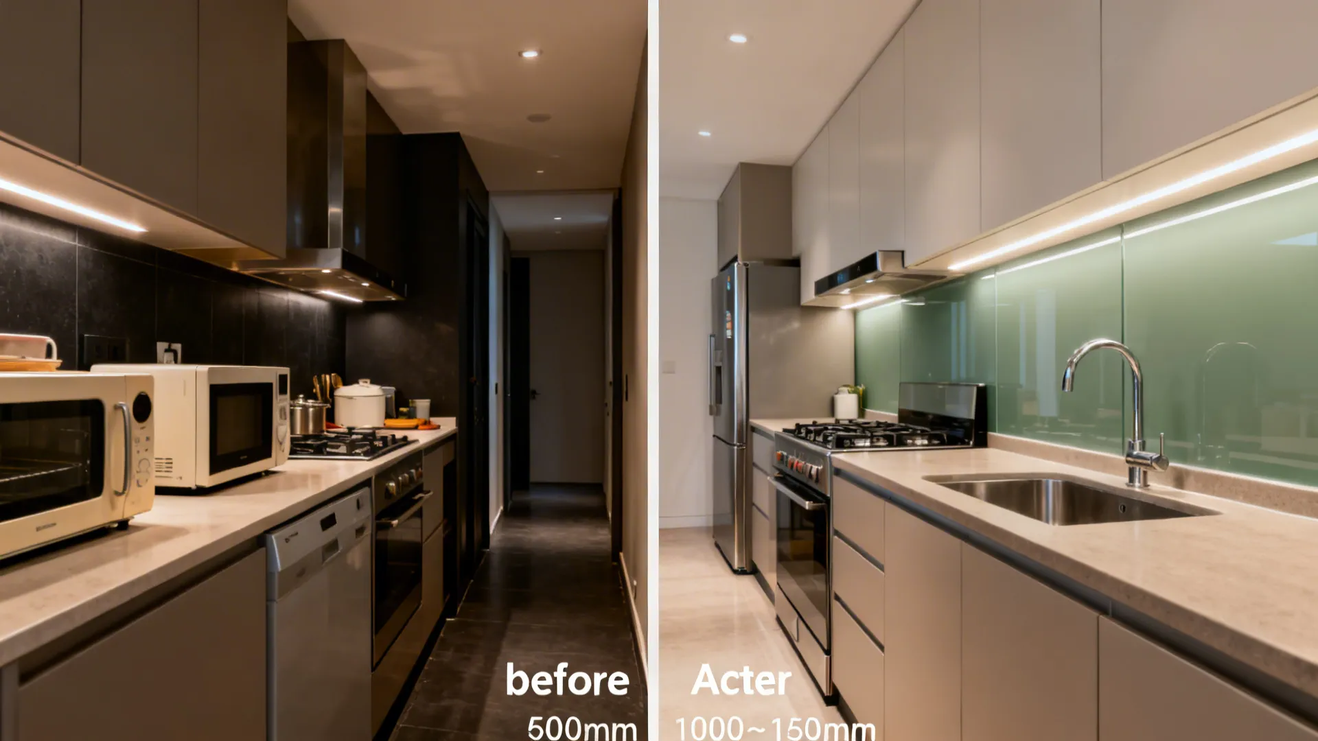 Before-after split of a galley kitchen from cluttered triangle to clear two-zone flow