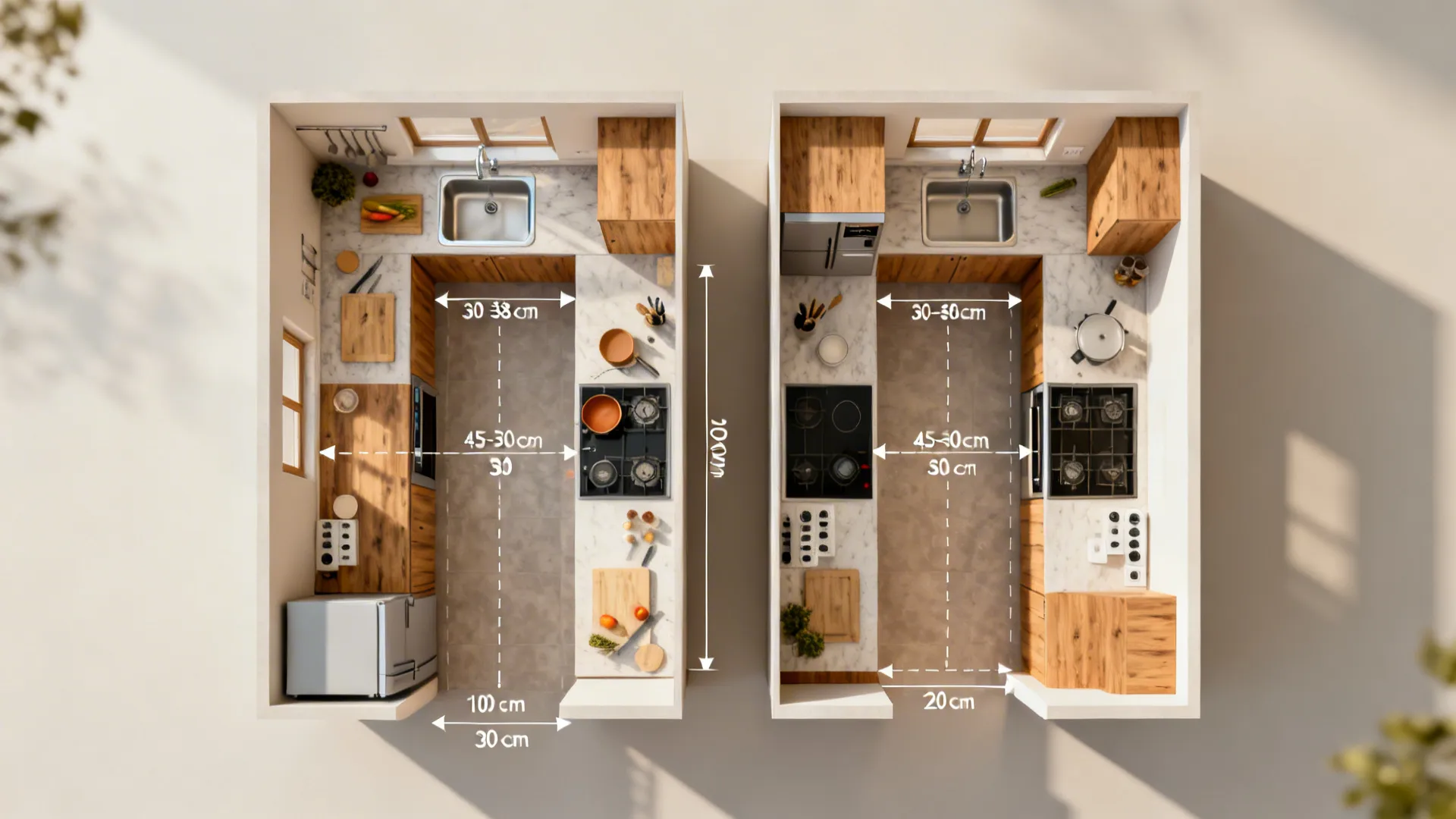 Top-view comparison of triangle and zone-based small kitchen layouts with landing areas.