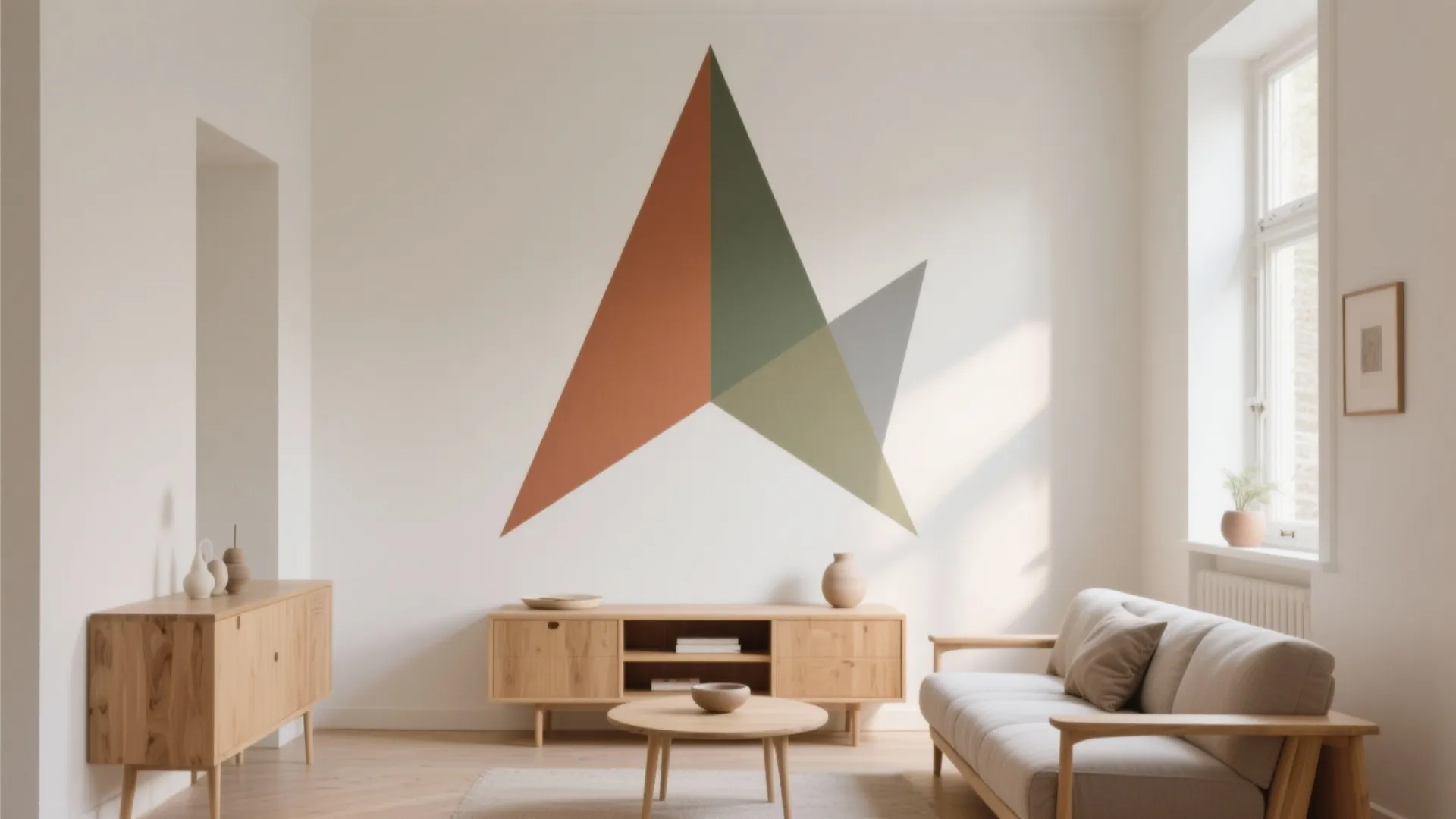 Modern living room with a large geometric triangle wall mural behind a wooden TV cabinet