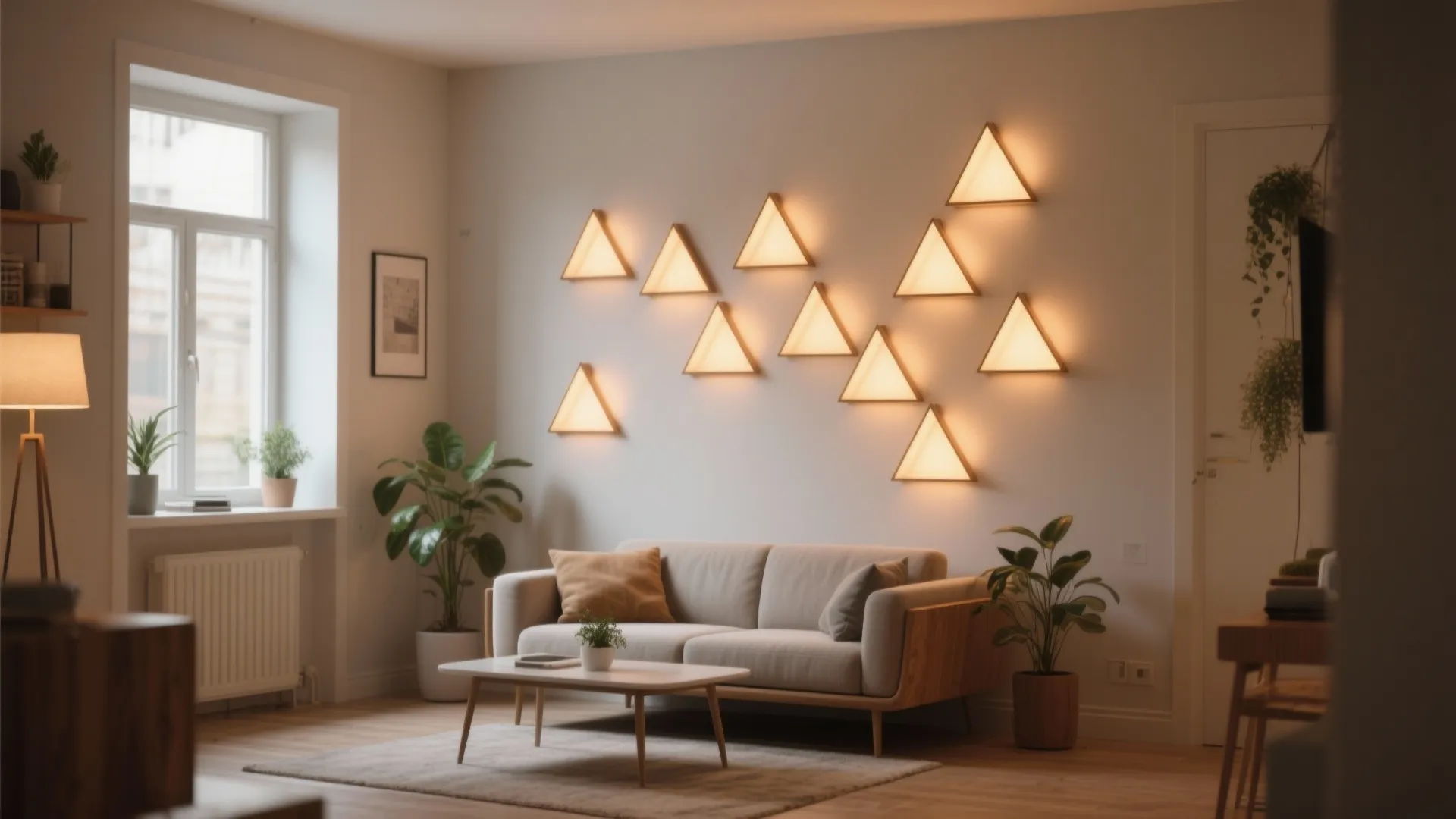 Modern living room featuring a grey sofa and creative triangle shaped light fixtures on wall