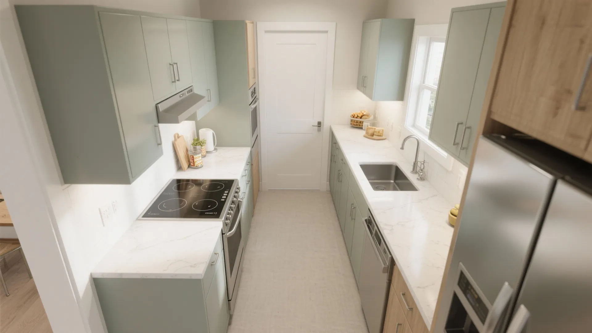 Top-down view of a compact galley kitchen zoned for prep, cook, and clean with the fridge at the edge.