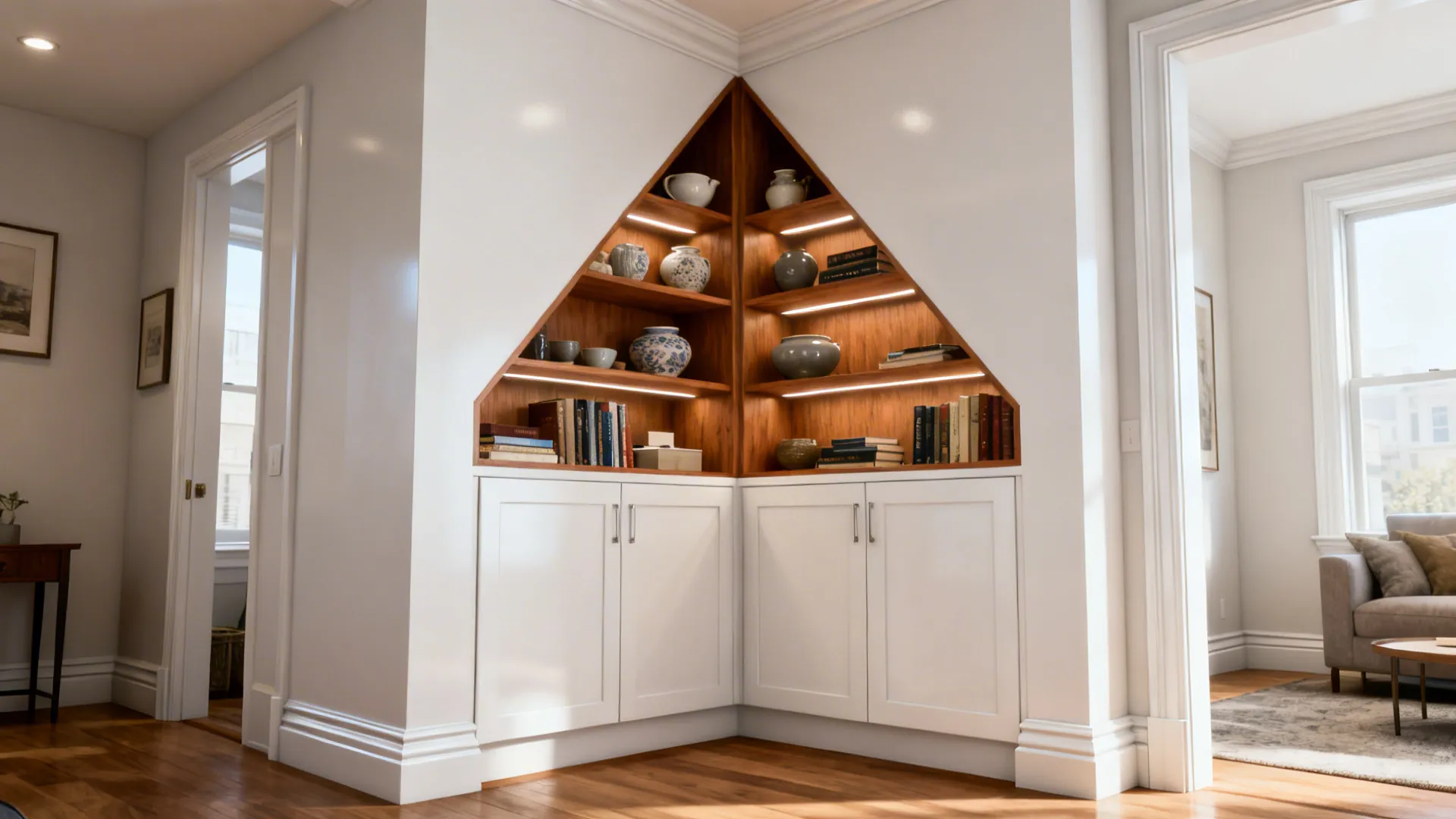 Triangular built-in corner shelving with open display and closed lower storage in a condo.