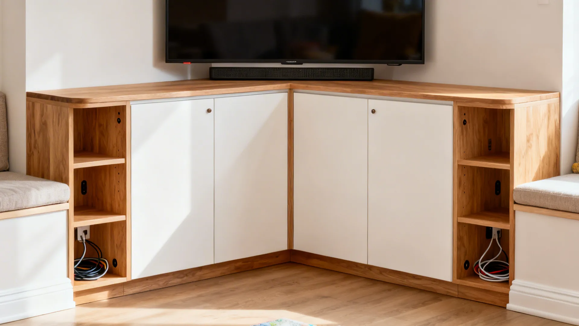 Triangular corner console with closed storage beneath a TV in a modern living room