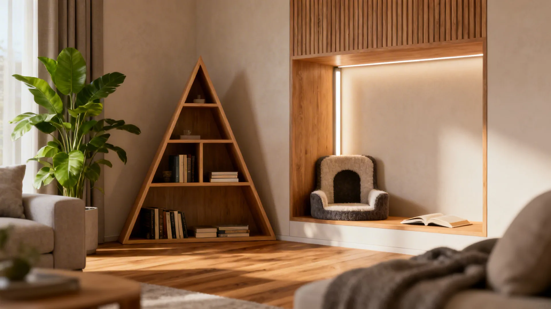 Triangular wooden bookshelf in room corner near green plant and wall panel with cat bed
