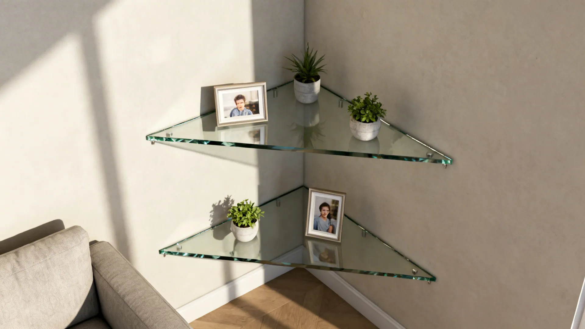 Triangular-cut glass shelves snug in a 90-degree corner holding plants and a photo frame.