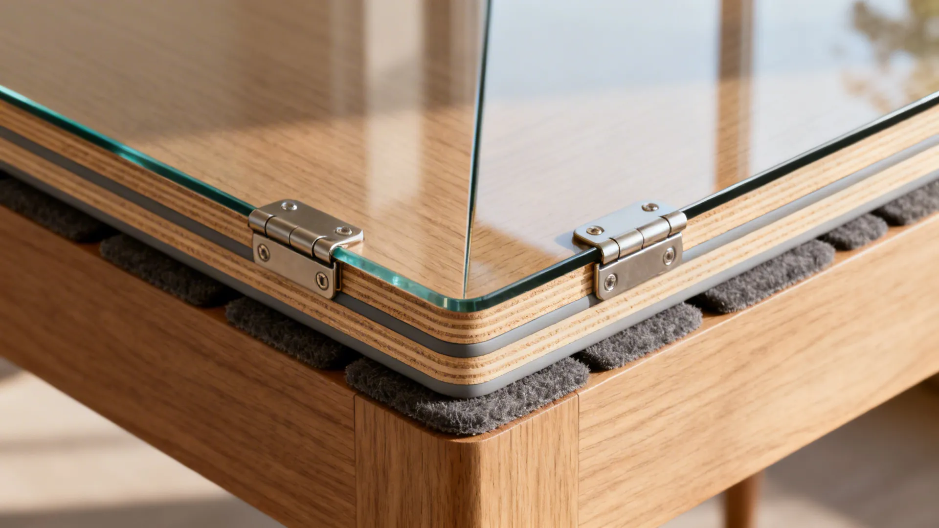Macro detail of soft-close hinge and laminated plywood on a triangular corner table.