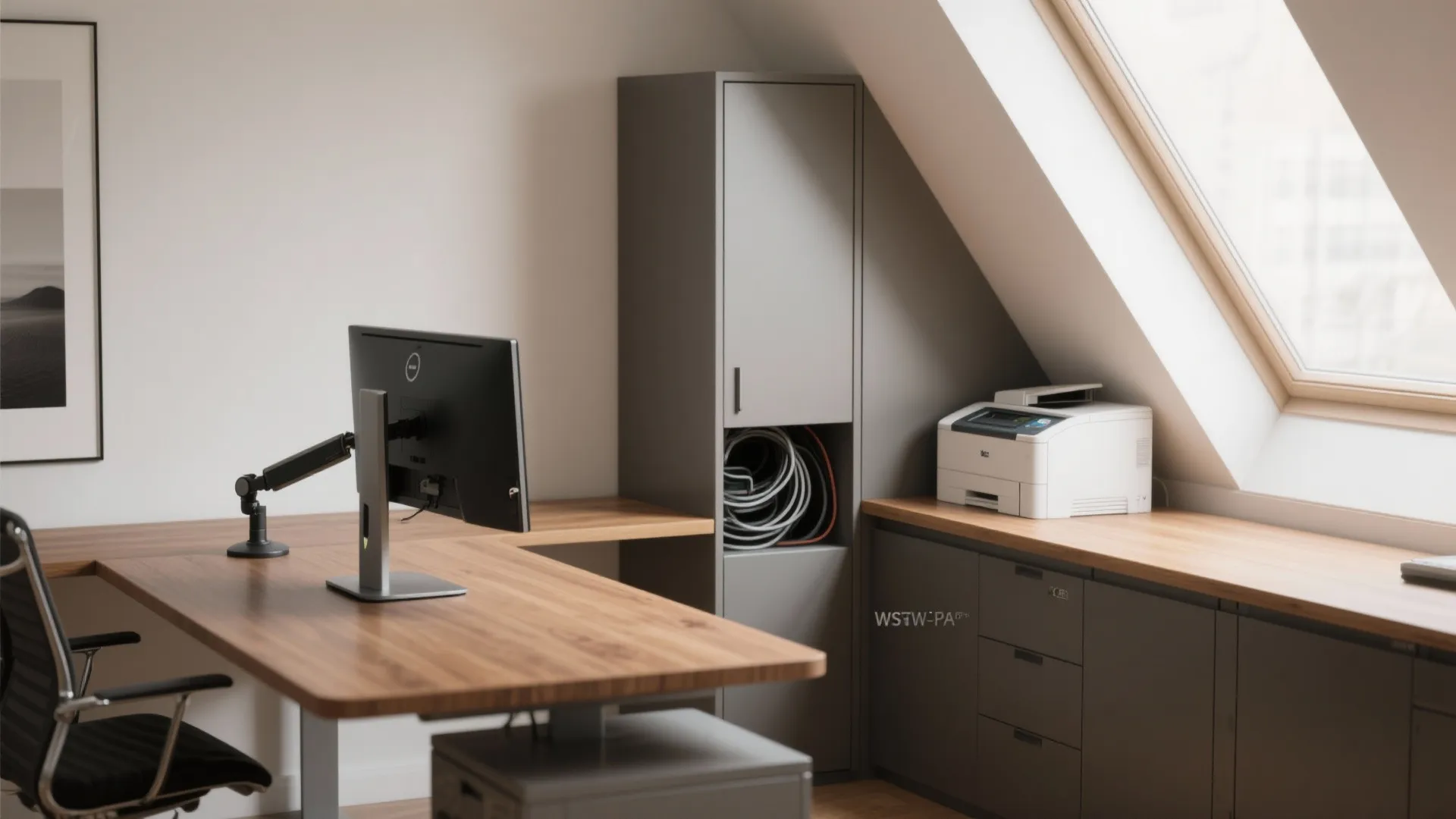 3. Triangular nook desk with tall cabinet