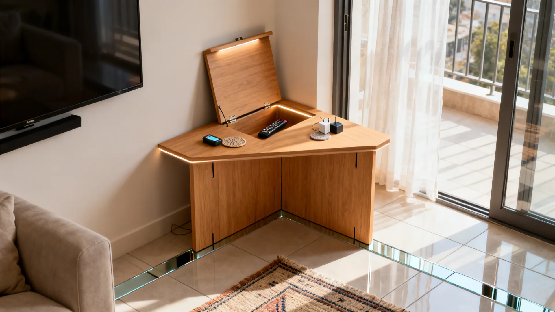 Minimalist triangular corner table with lift-up hidden storage in a compact Indian living room.