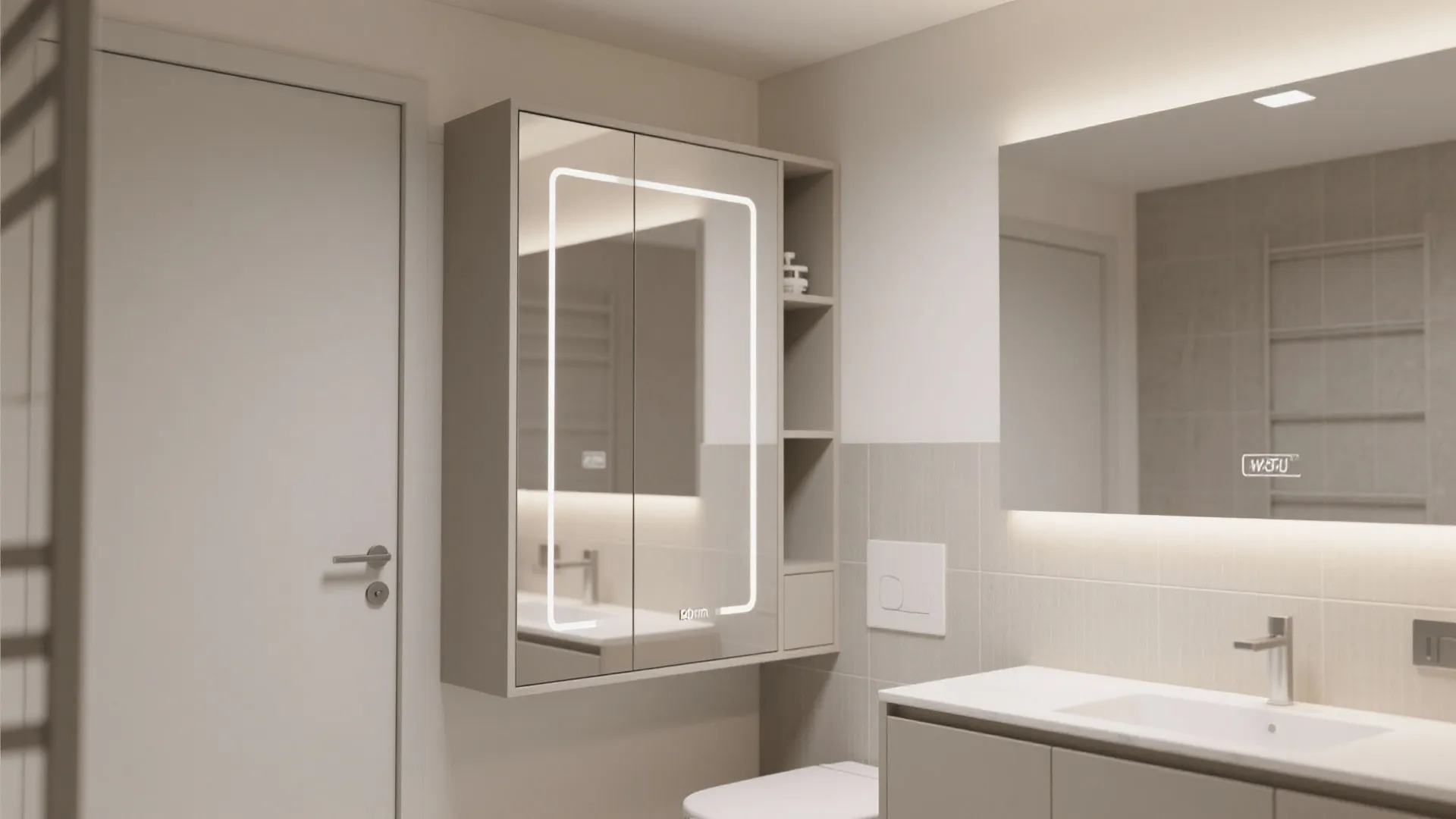 Triangular corner tower with built-in mirror