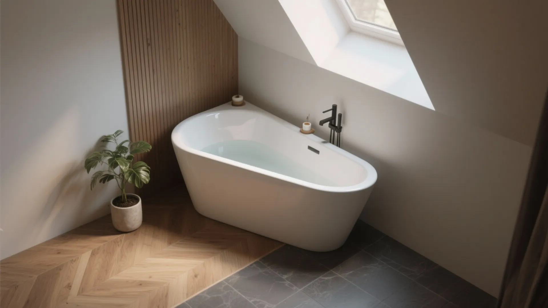 Small white bathtub placed in a corner with wooden flooring and a slanted roof window