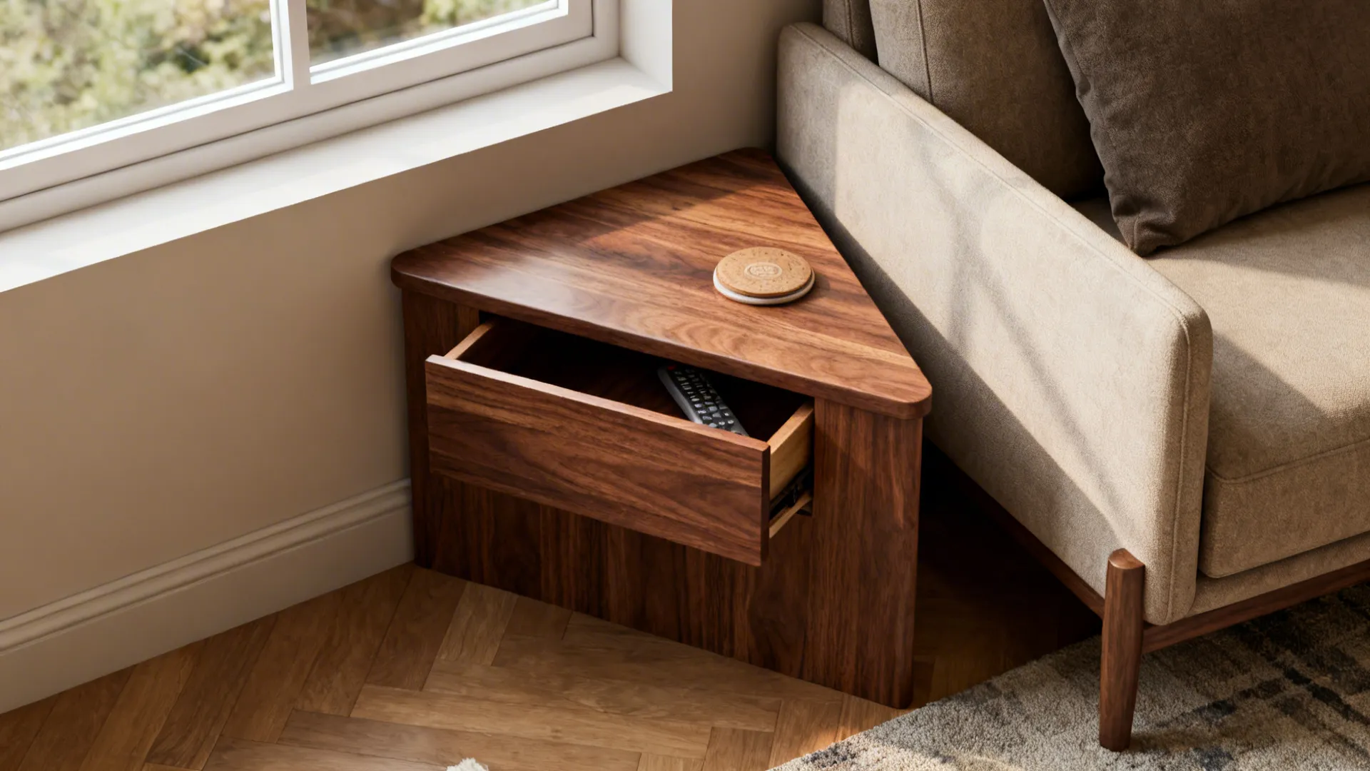 Walnut triangular corner end table with a shallow drawer beside a sofa.