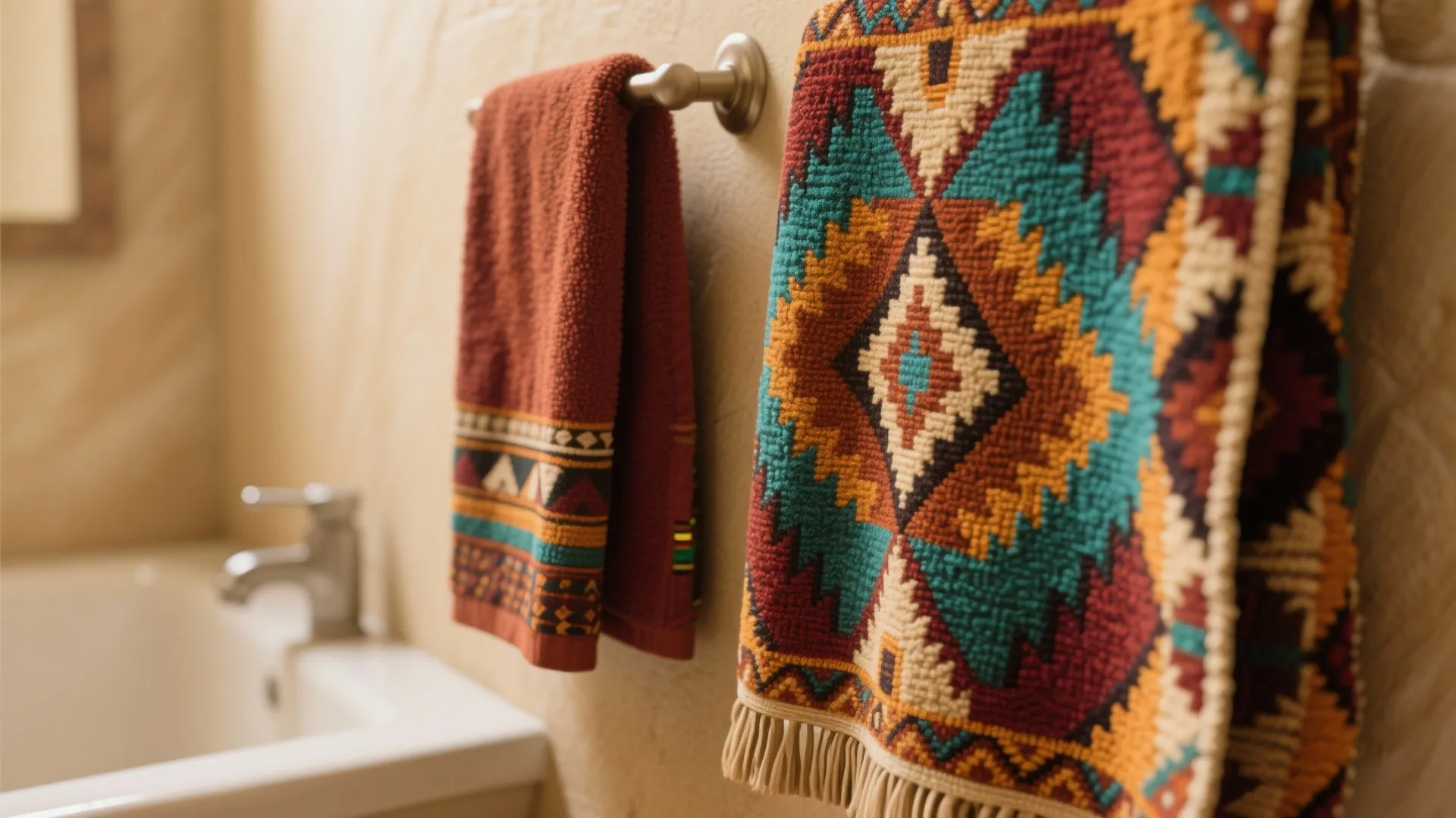 Two colorful towels with tribal patterns hanging on a metal rack in a modern bathroom
