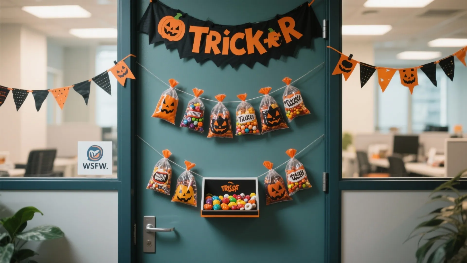 Office door decorated for Halloween with trick or treat banner and candy bags hanging outside