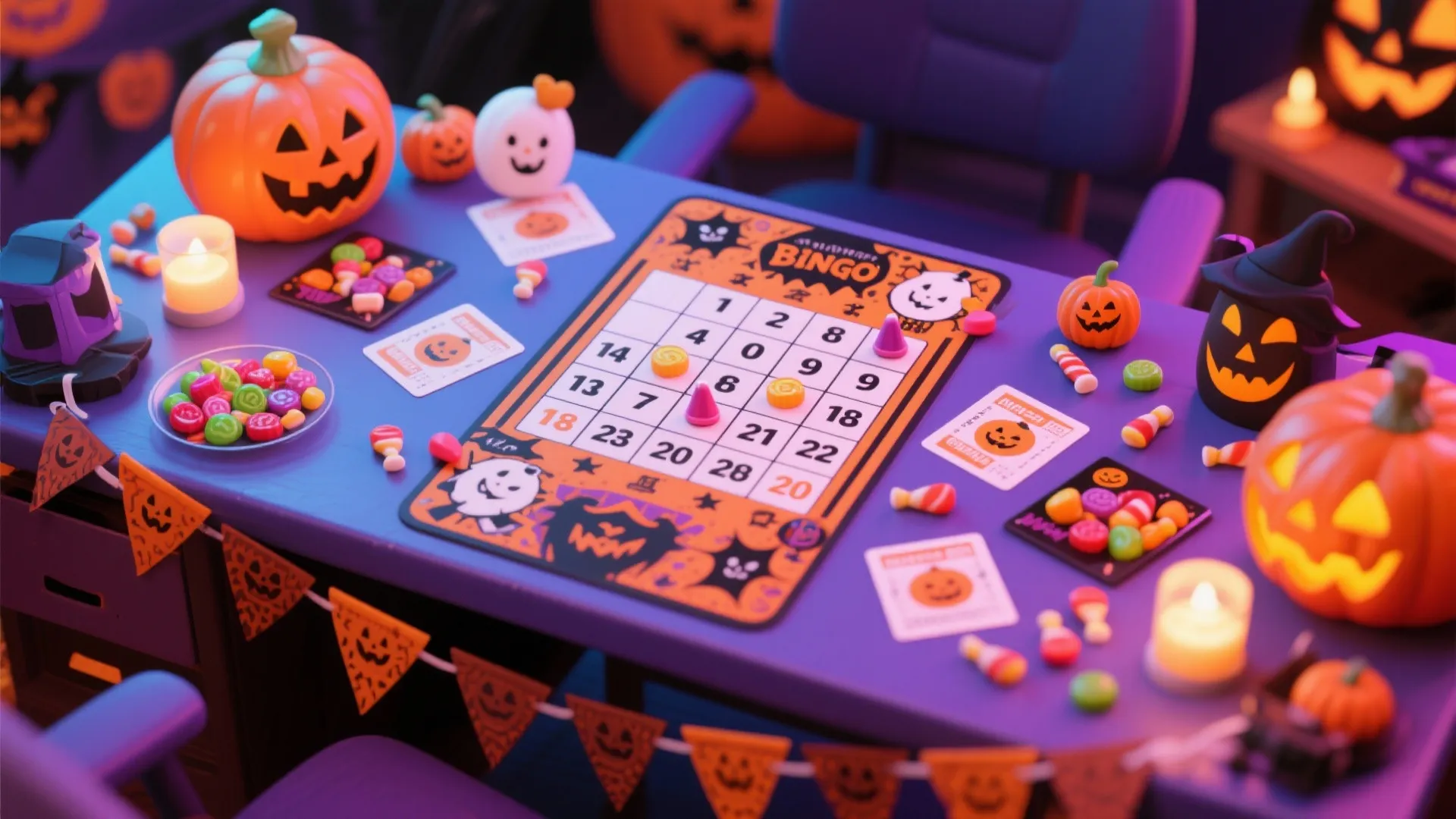 Table with Halloween bingo game card plus colorful candies and small pumpkins in purple lighting