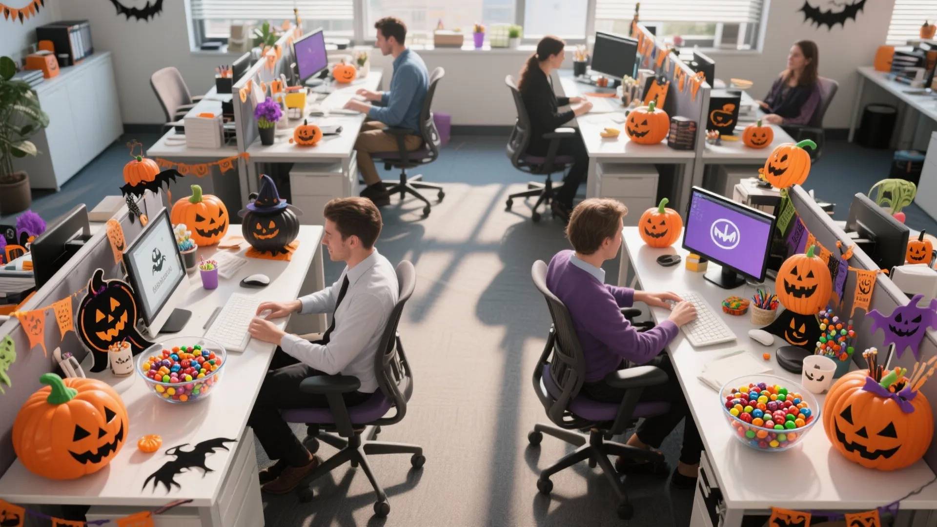Open office layout with employees at desks decorated with pumpkins and colorful Halloween themed ornaments