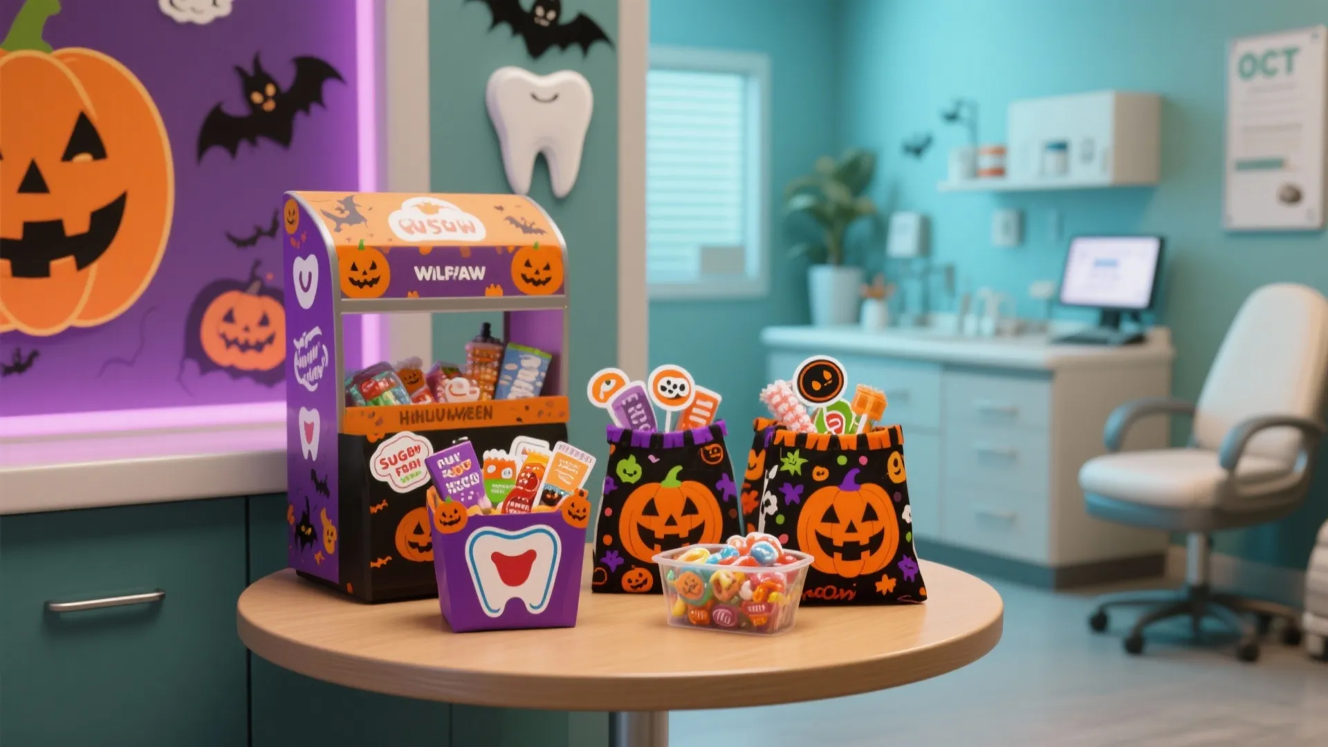 Halloween trick or treat station with gift bags and candy on a round office table