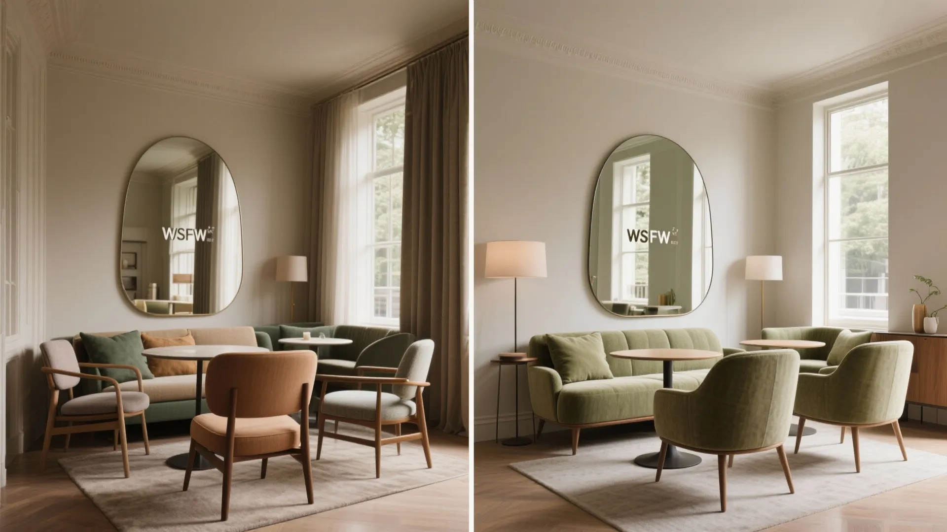 Before-and-after comparison showing small seating transformed with mirrors, low legs and matching textiles to appear more abundant.