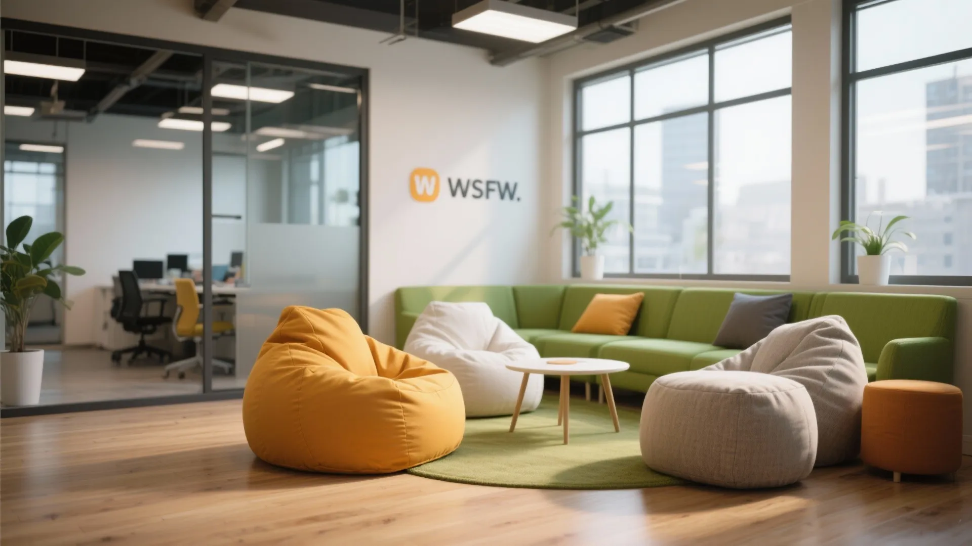 Office lounge area with green sofa yellow bean bags white table wooden floor and walls