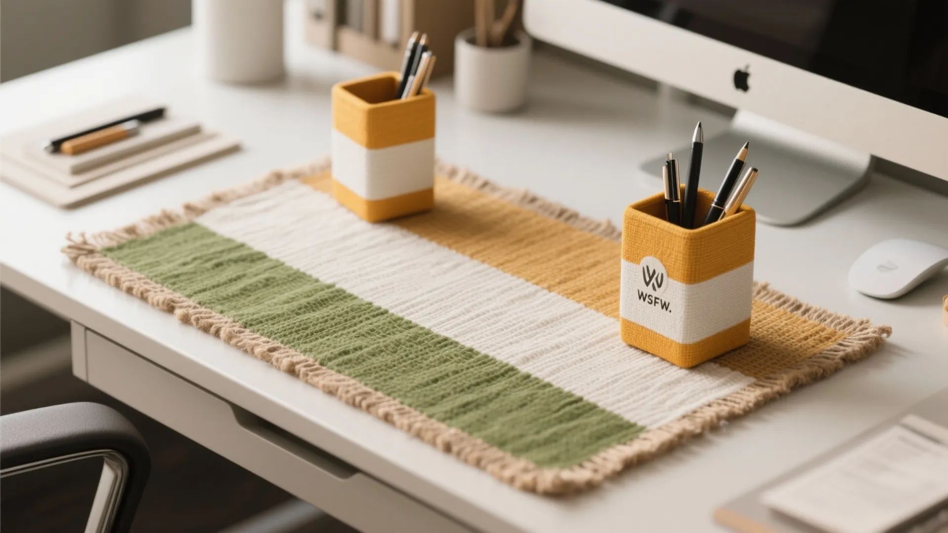 Modern white desk setup with a green white and orange mat plus matching pen holders