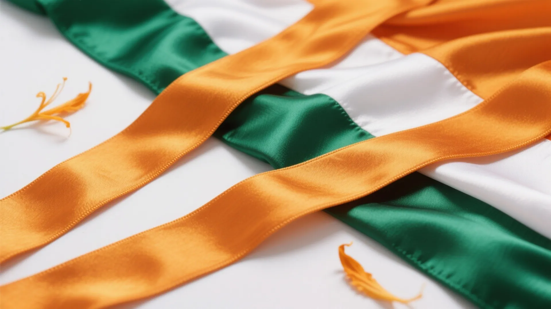 Close up of smooth silk fabric ribbons in green white and orange colors on white background
