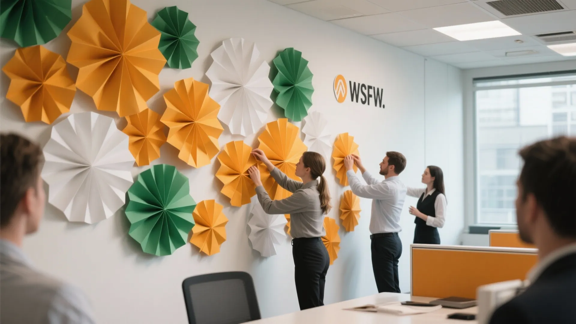 Office staff hanging orange white and green paper fan decorations on a white office wall