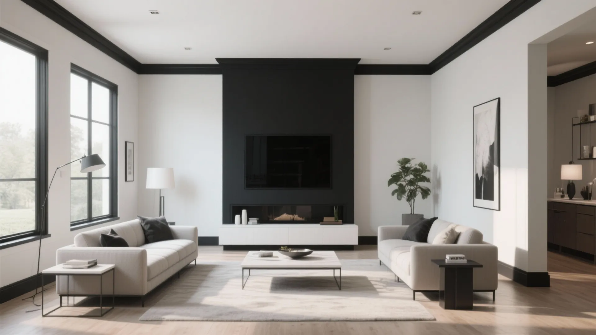 Minimalist living room with white walls black trim black fireplace cream sofas and white rug