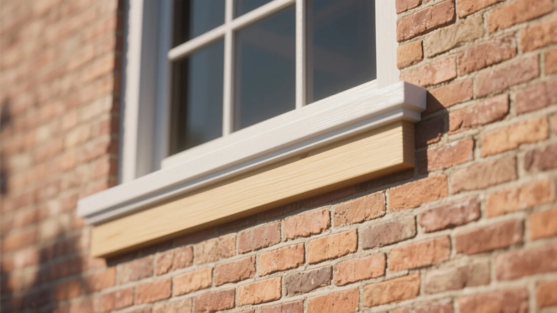 Close up of a white window frame with light wood trim on a red brick wall