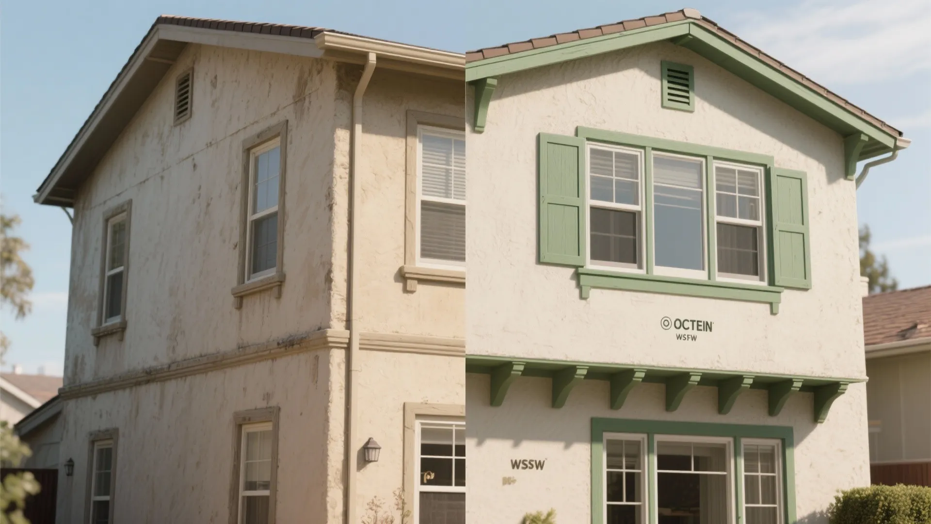 Before and after comparison of a house exterior showing old walls versus new green trim