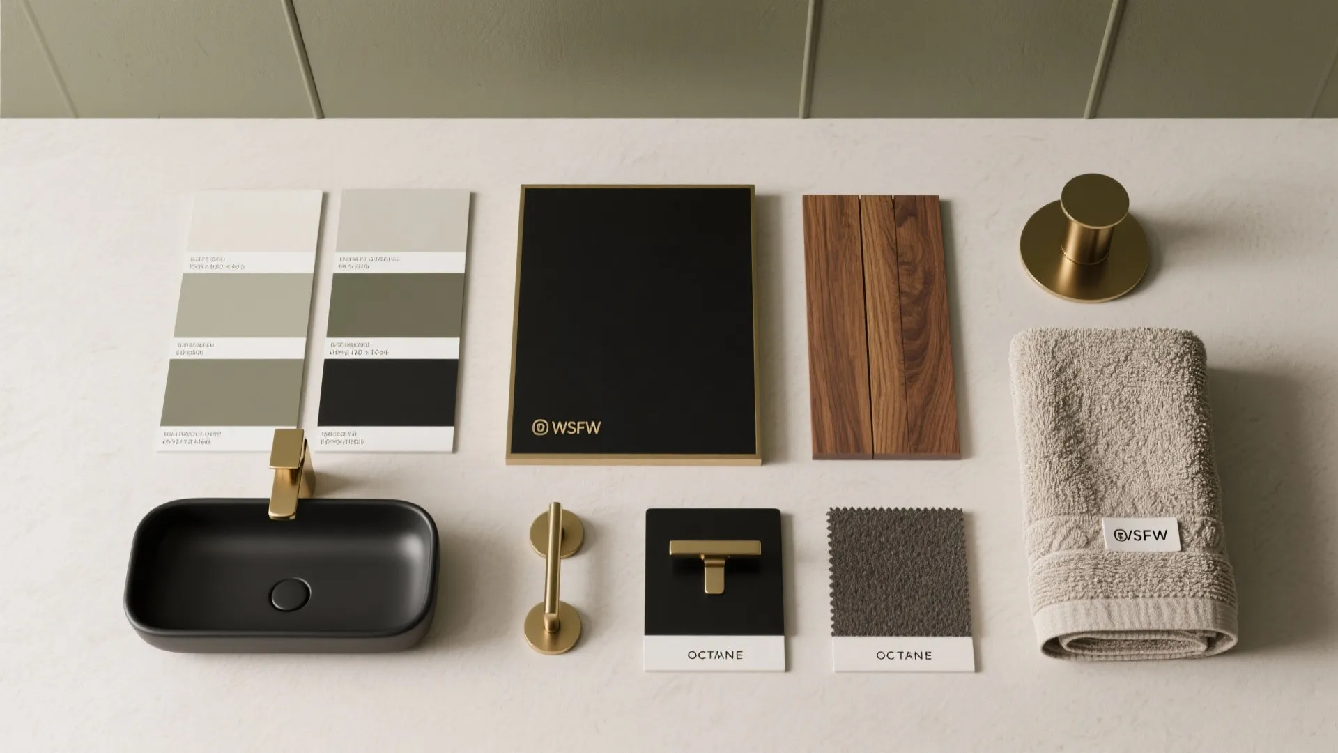 Flatlay of paint swatches, hardware samples, and wood accents for accent trim planning