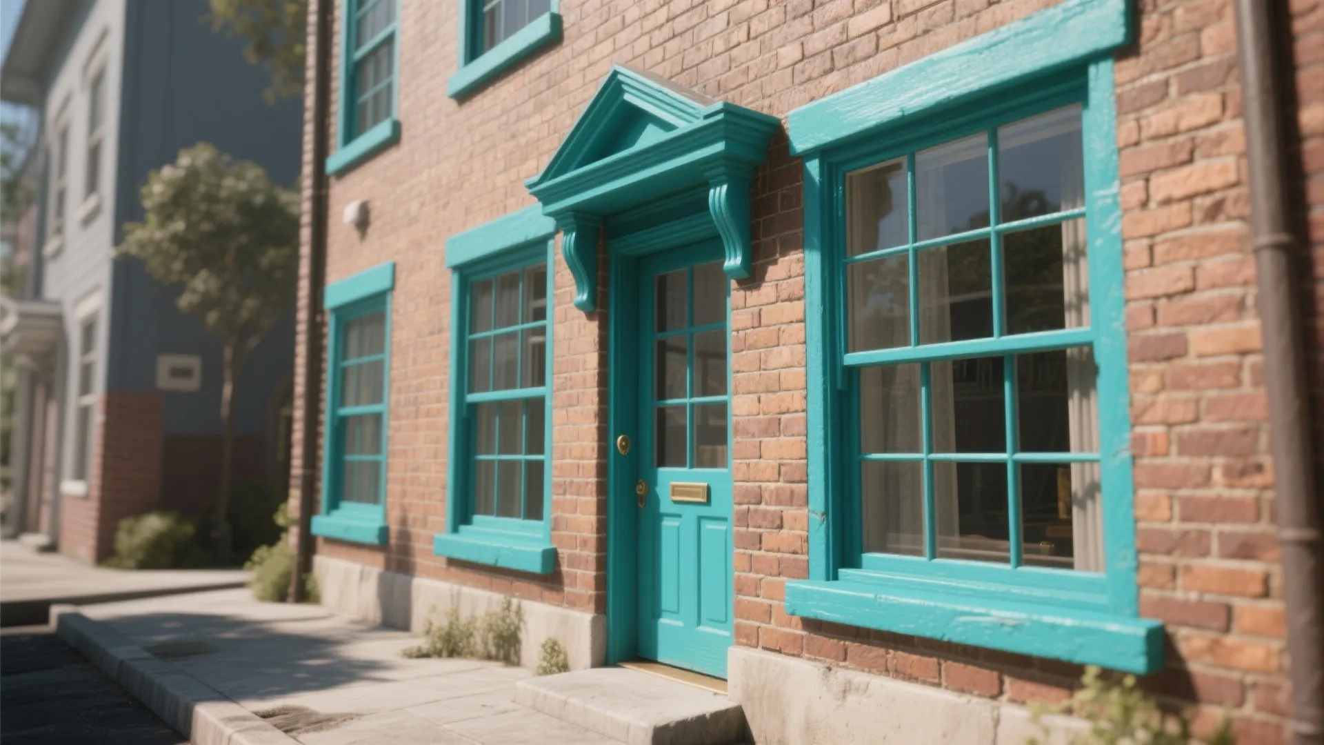 Classic red brick house exterior featuring bright blue painted window frames and a matching door