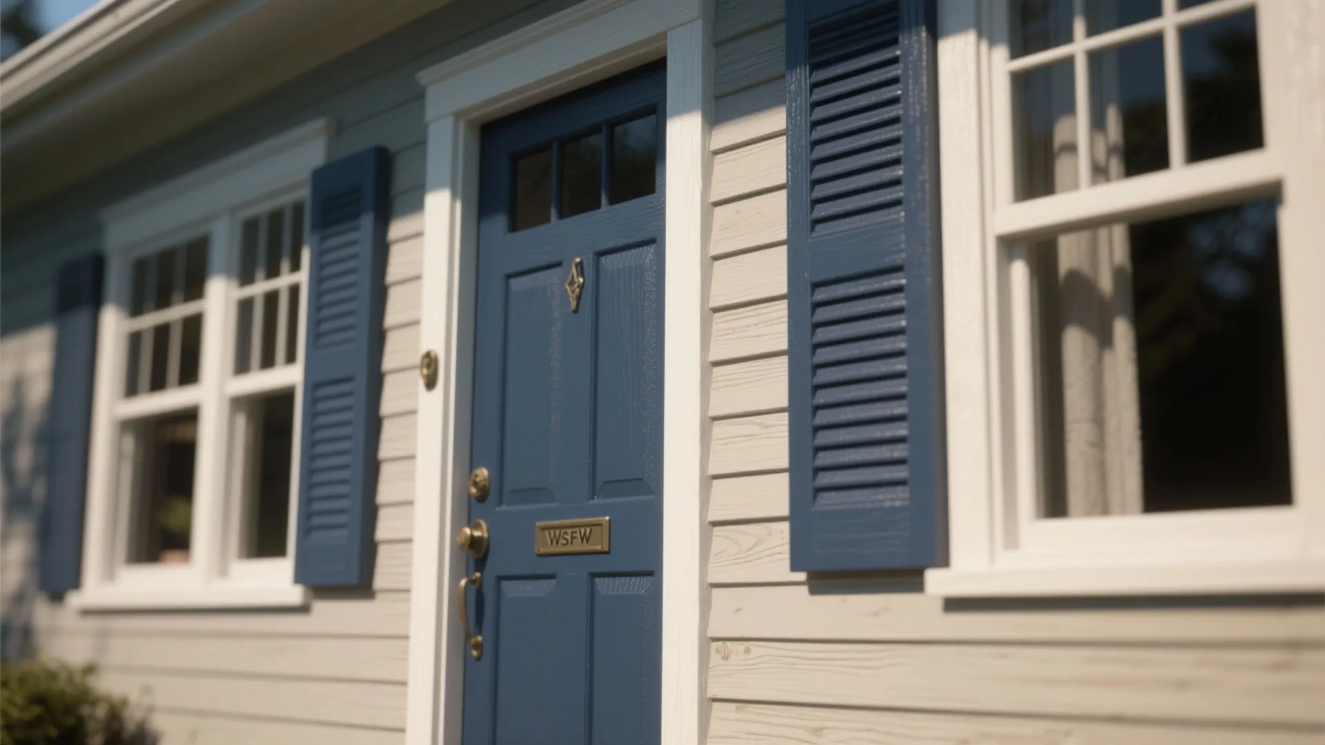 Blue front door of a house with white wall panels and blue windows shutters outside