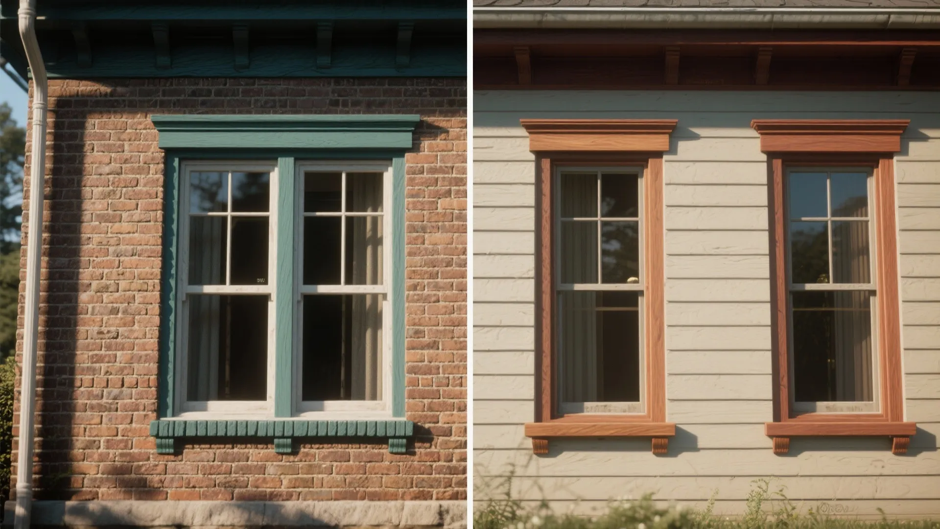 Before-and-after split of a facade showing the impact of painted trim, sills, and mortar highlighting on curb appeal.