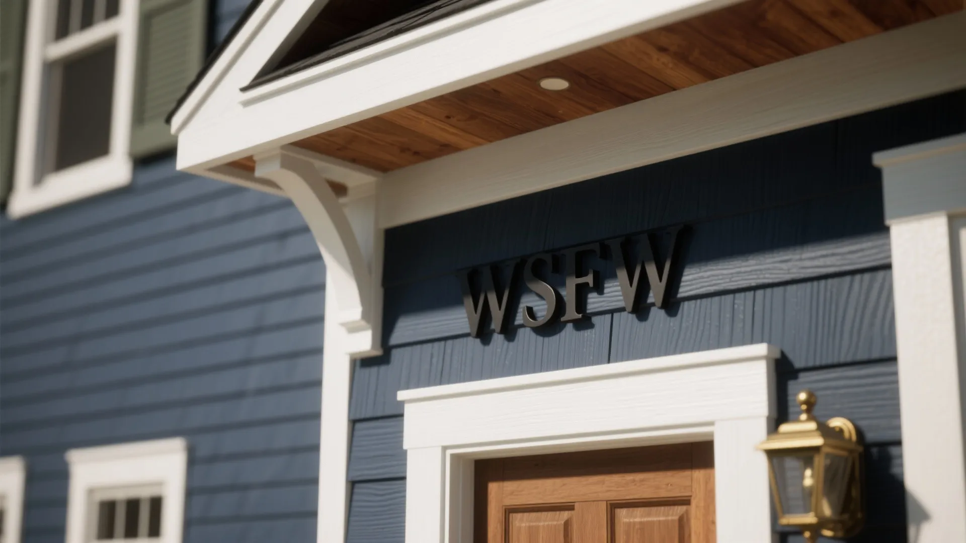 Close up of blue house exterior with white window trim wooden door and gold wall light