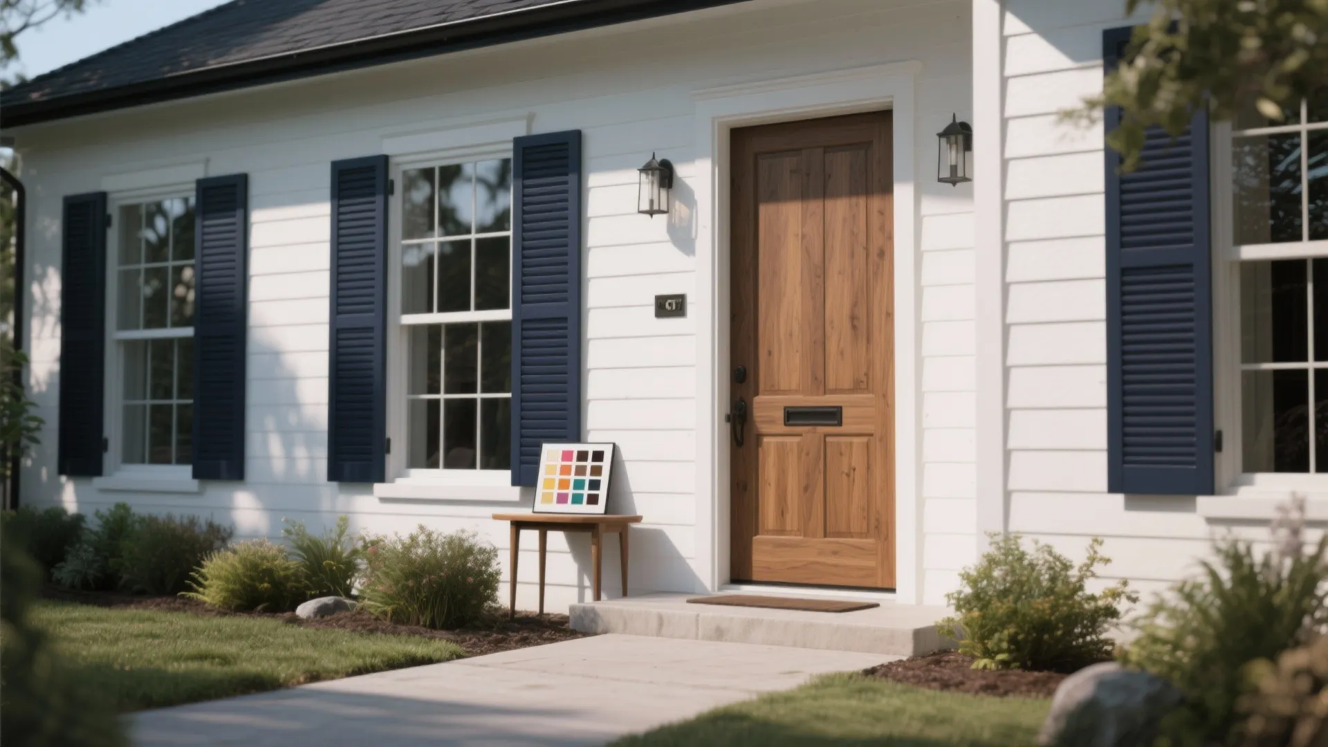 White house facade with charcoal trim, navy shutters, and a warm wood door creating visual grounding.