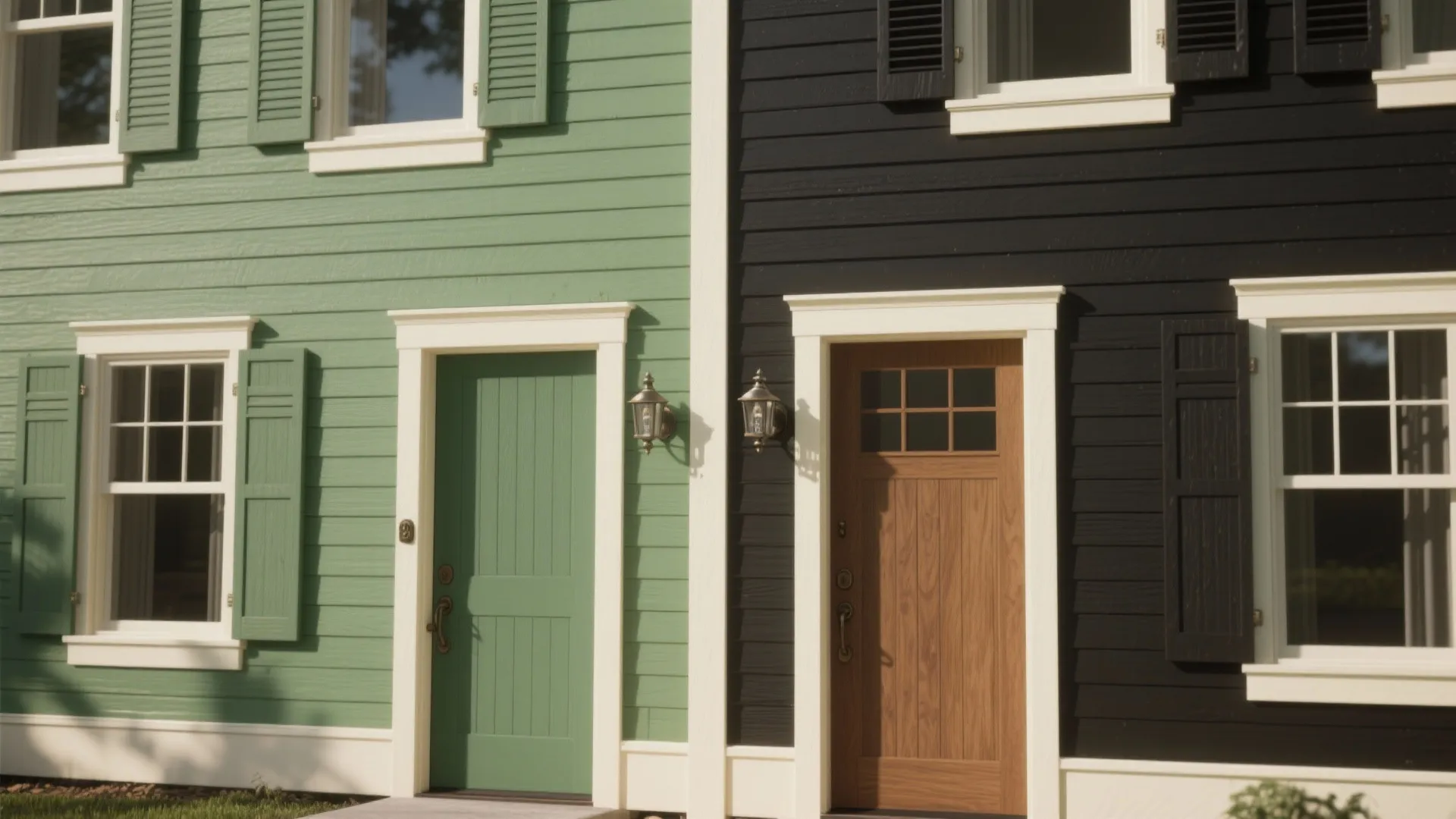 Side by side comparison of green and black house siding with white windows and doors