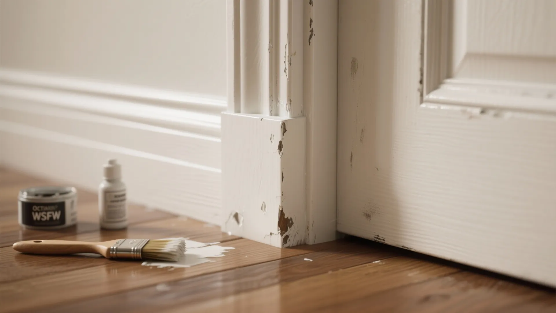 Damaged white door frame and wall panel needing repair with paint brush and small bottle