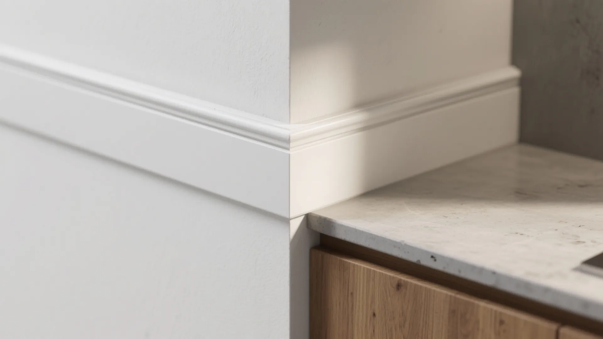 Close up of white wall panel meeting a marble kitchen countertop and wooden cabinet drawer detail