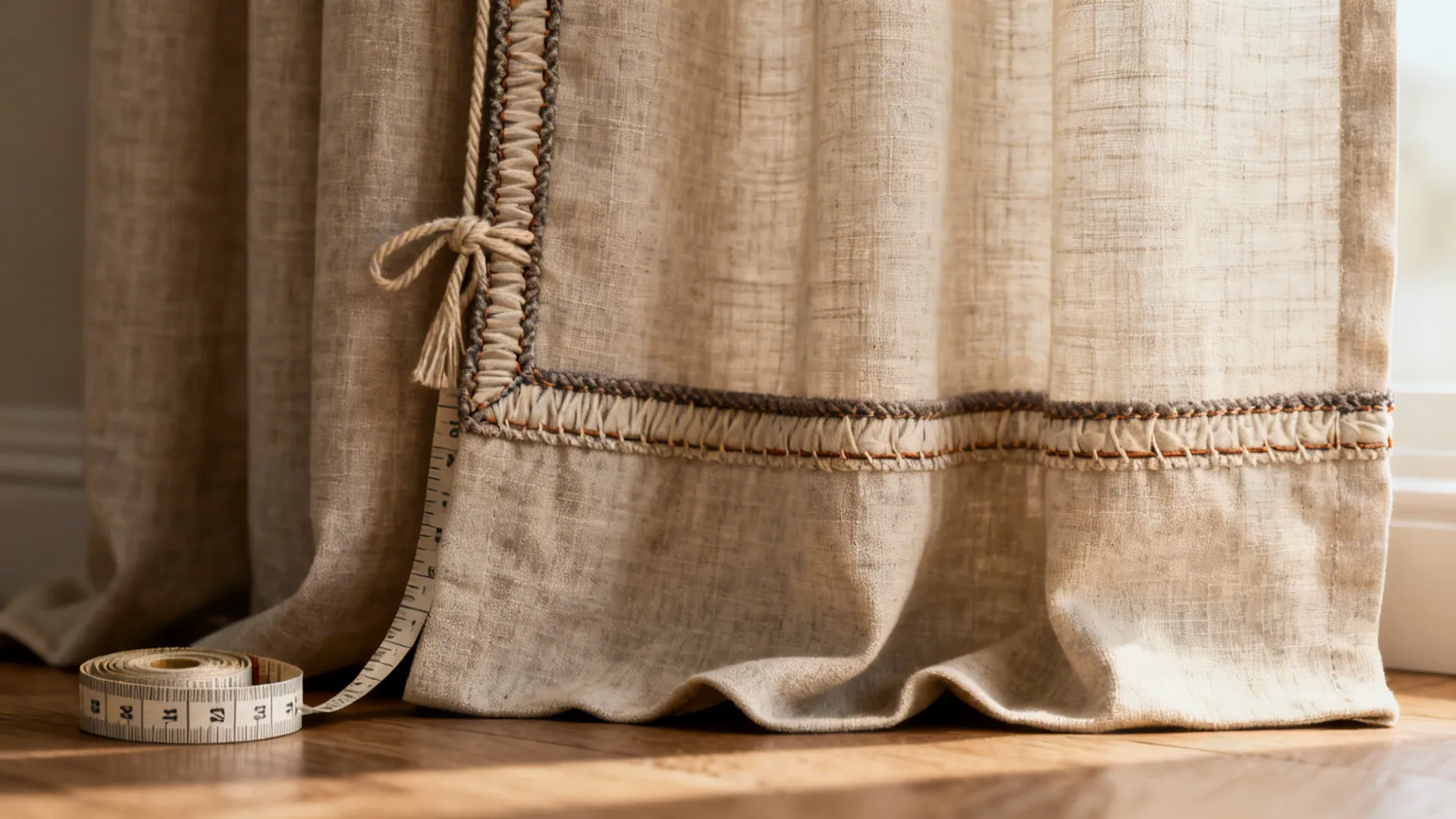 Beige linen curtain with decorative brown trim and a white measuring tape on the floor