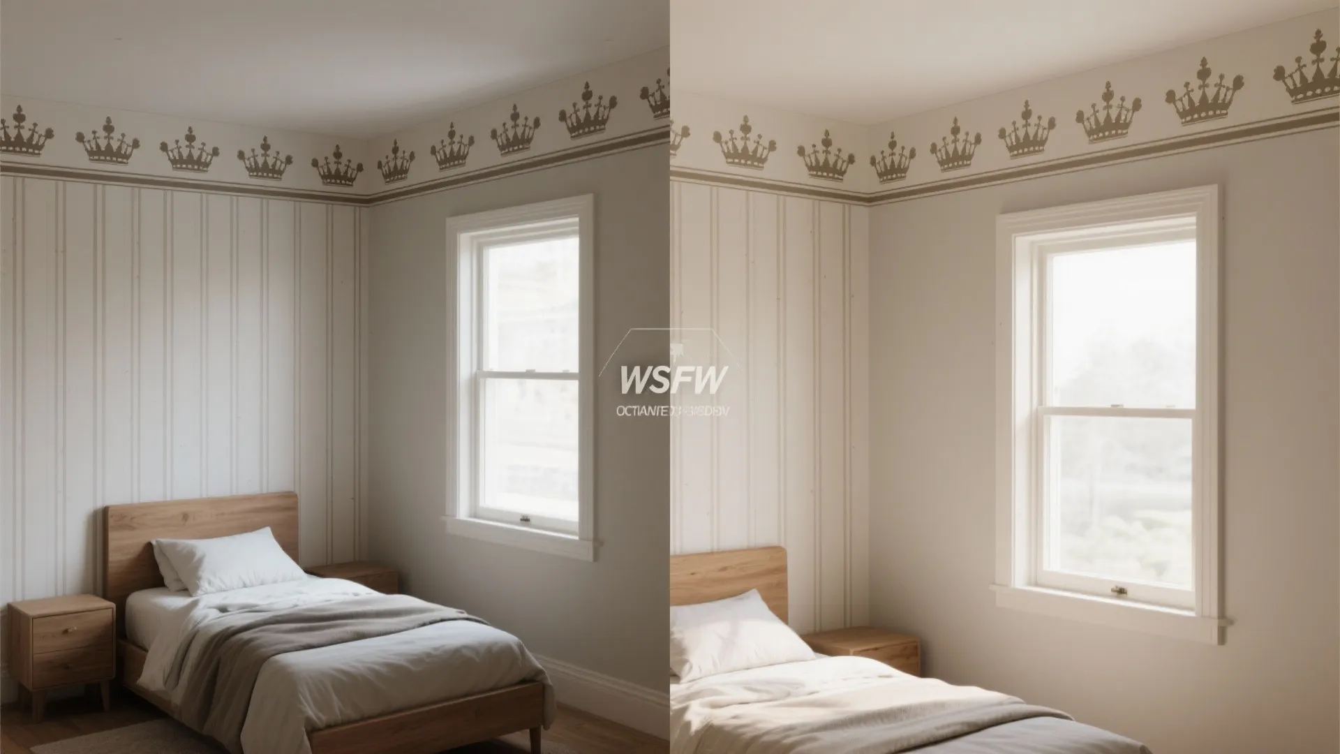 Small bedroom with horizontal crown-pattern border decals and vertical stripe decals illustrating raised ceiling perception