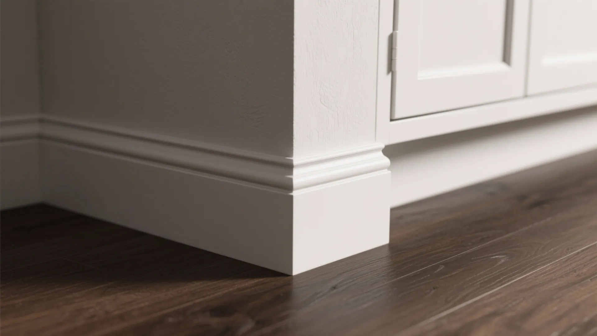 Close-up of warm gray baseboard meeting satin white cabinet and dark hardwood floor.