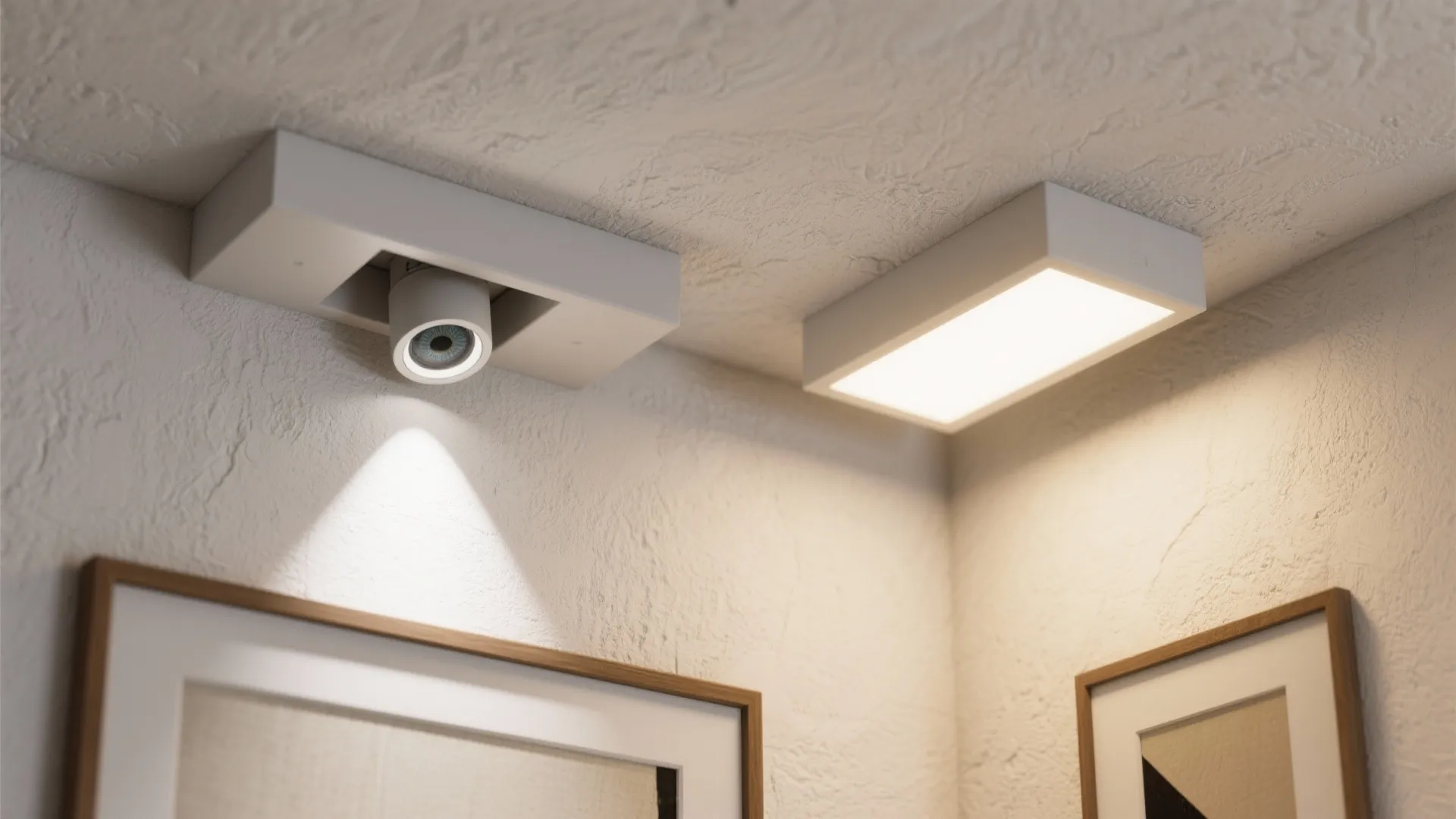 White spotlight and rectangular ceiling light on a textured white ceiling with warm glowing light